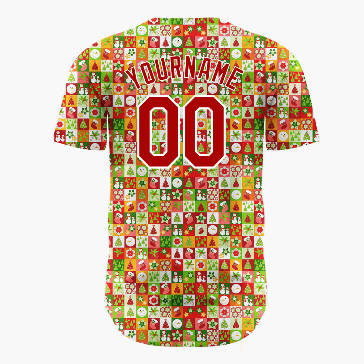 Custom Green Red White Snowmen Stars And Trees Christmas Stripe Collage Pattern Christmas Baseball Jersey