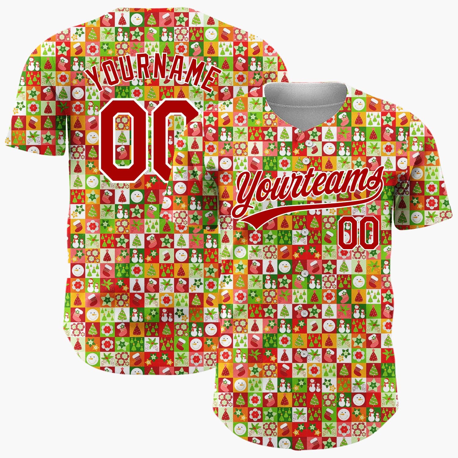 Custom Green Red White Snowmen Stars And Trees Christmas Stripe Collage Pattern Christmas Baseball Jersey