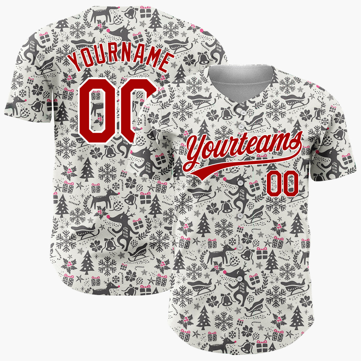 Custom Gray Reindeer Snowflakes Rustic Minimalist Pattern Christmas Baseball Jersey