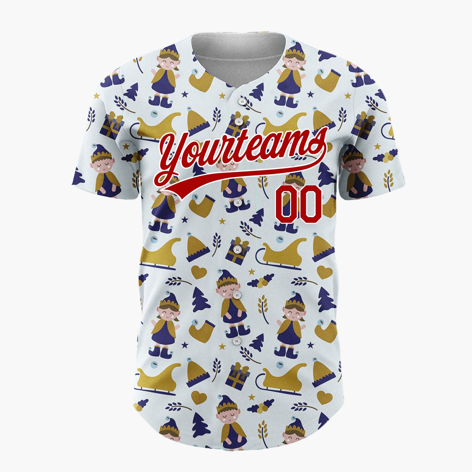Custom Light Blue Gold Elf Sleigh Christmas Baseball Jersey