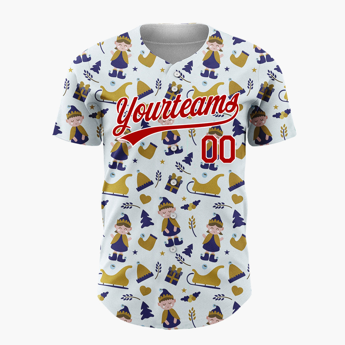 Custom Light Blue Gold Elf Sleigh Christmas Baseball Jersey