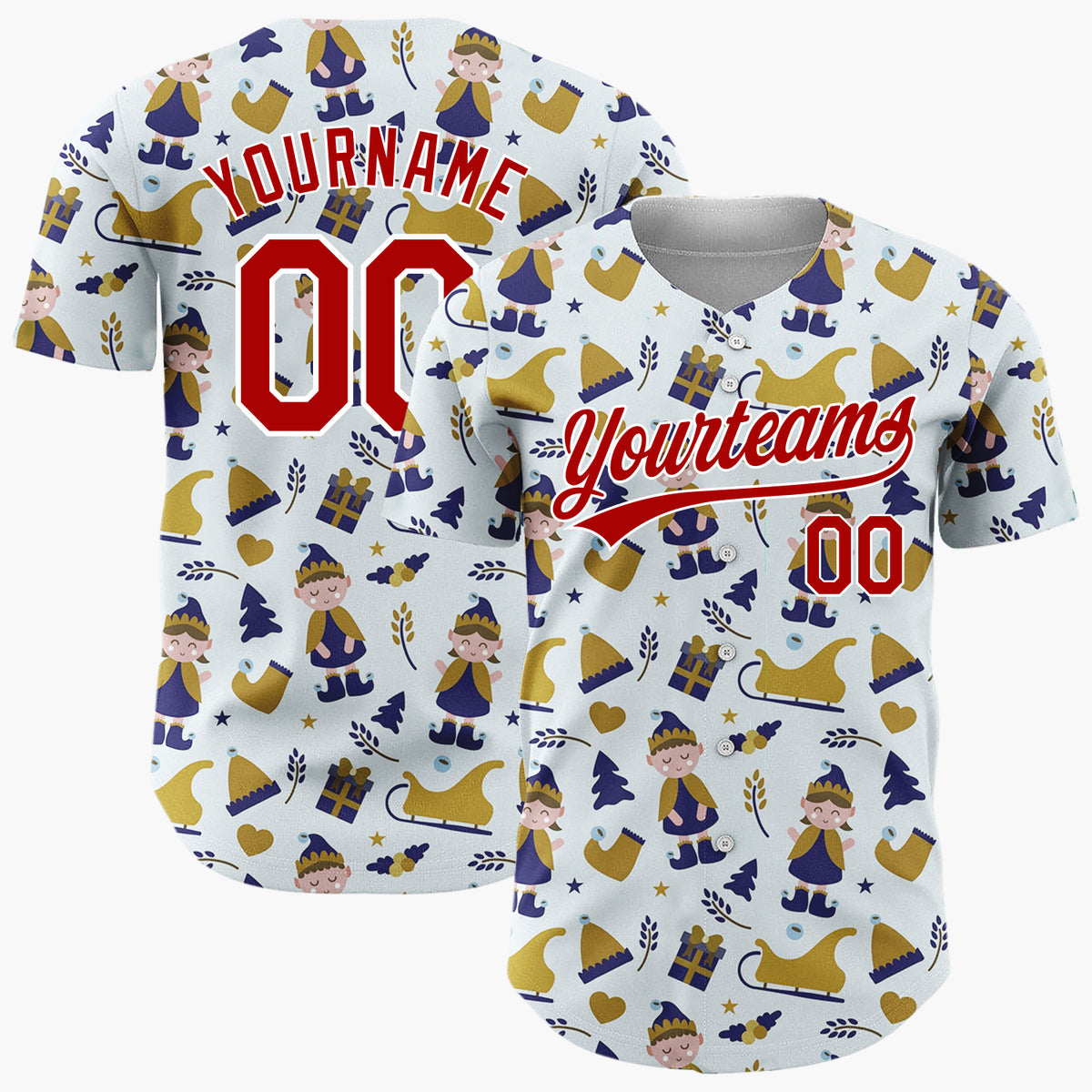 Custom Light Blue Gold Elf Sleigh Christmas Baseball Jersey