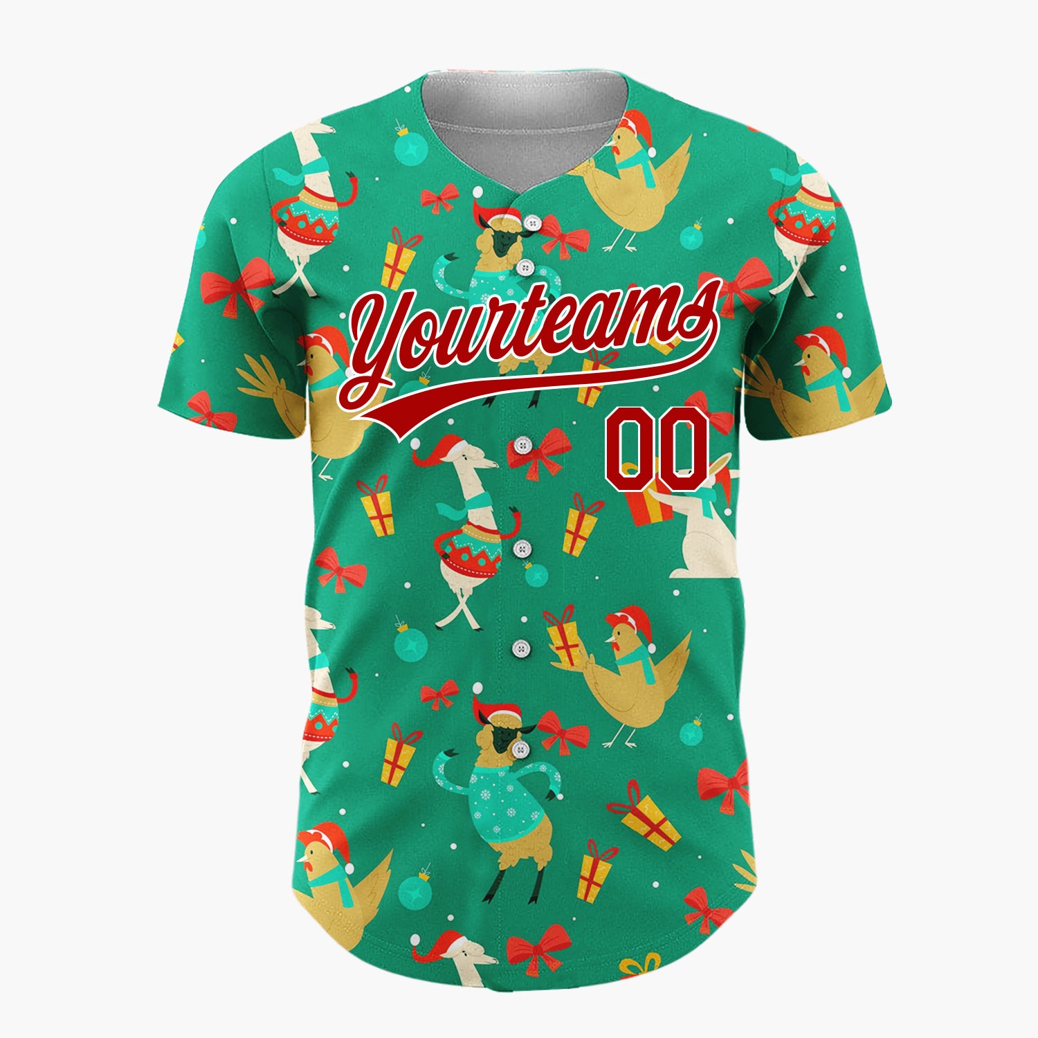 Custom Light Blue Red Llama Chicken Funny Animals Cozy Doodle Pattern Christmas Baseball Jersey