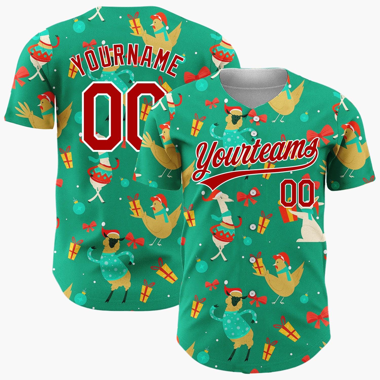 Custom Light Blue Red Llama Chicken Funny Animals Cozy Doodle Pattern Christmas Baseball Jersey