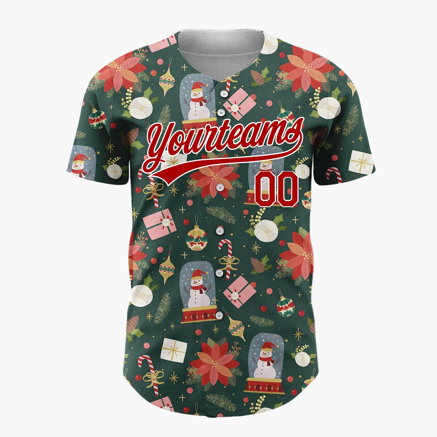 Custom Dark Green Winter Wonderland Cartoon Pattern Christmas Baseball Jersey