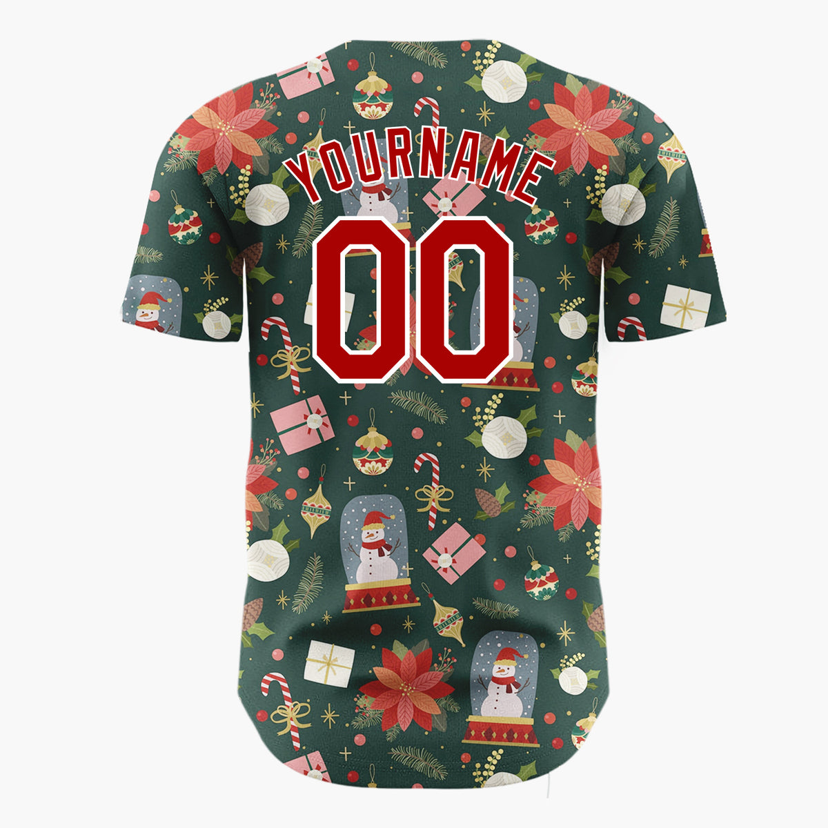 Custom Dark Green Winter Wonderland Cartoon Pattern Christmas Baseball Jersey
