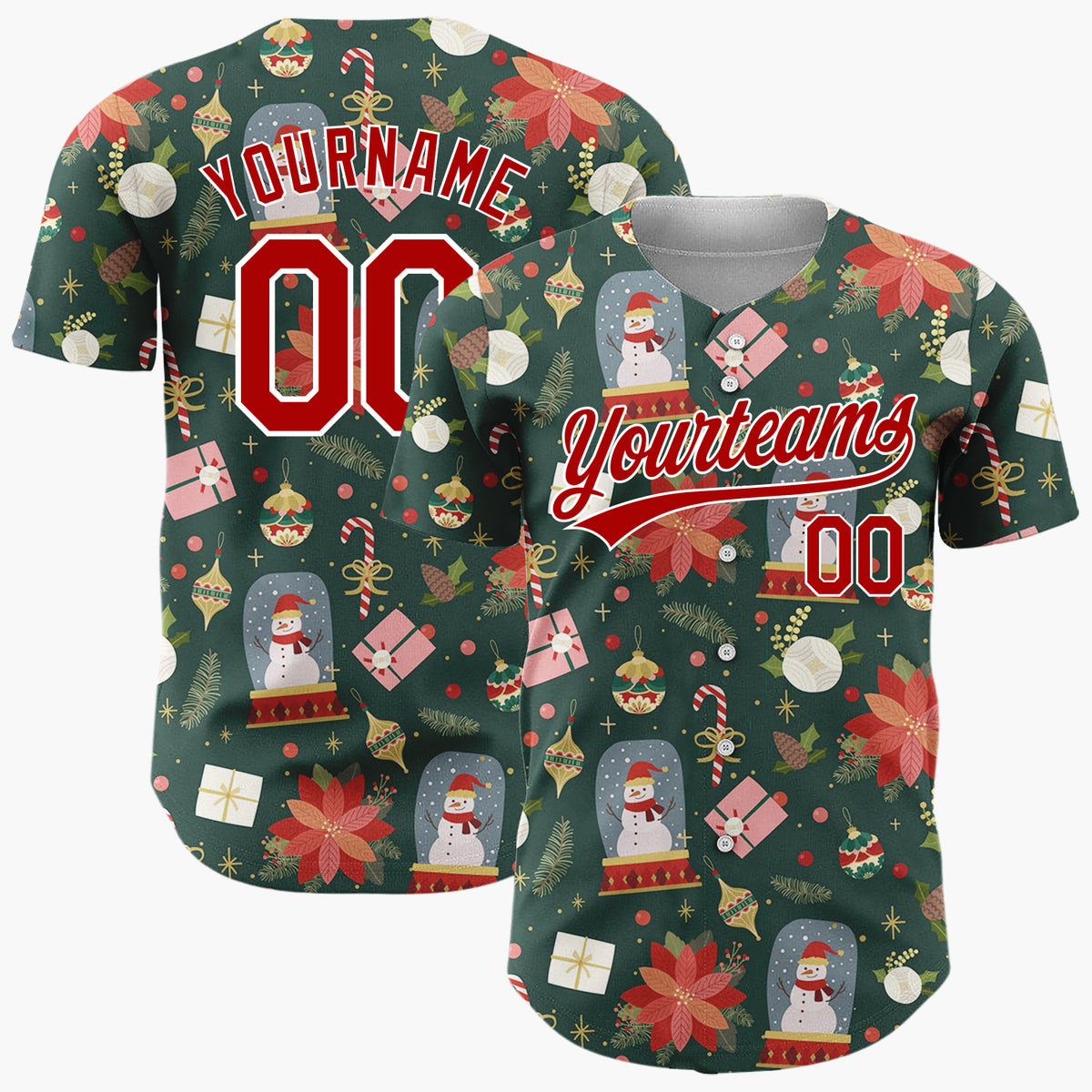 Custom Dark Green Winter Wonderland Cartoon Pattern Christmas Baseball Jersey