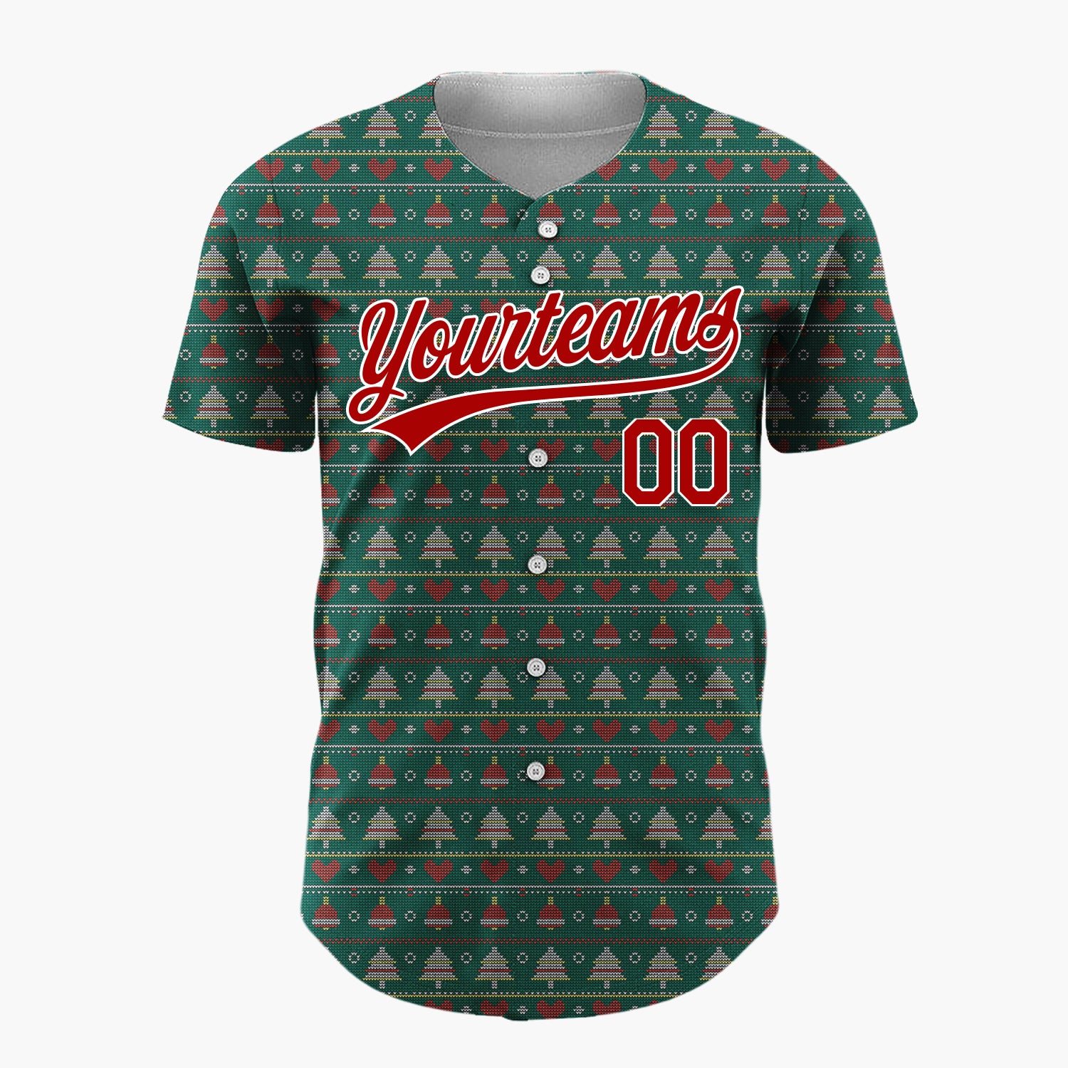 Custom Green Red Trees Hearts And Dots Christmas Knit Pattern Christmas Baseball Jersey