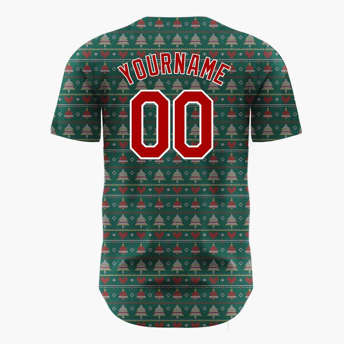 Custom Green Red Trees Hearts And Dots Christmas Knit Pattern Christmas Baseball Jersey