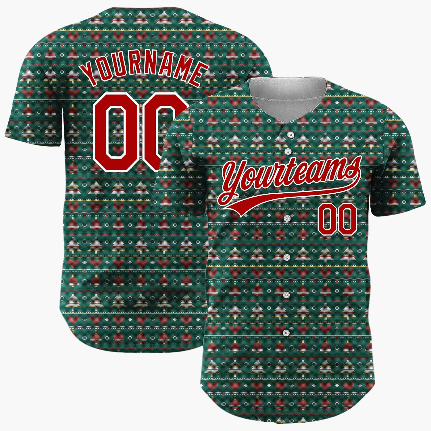 Custom Green Red Trees Hearts And Dots Christmas Knit Pattern Christmas Baseball Jersey