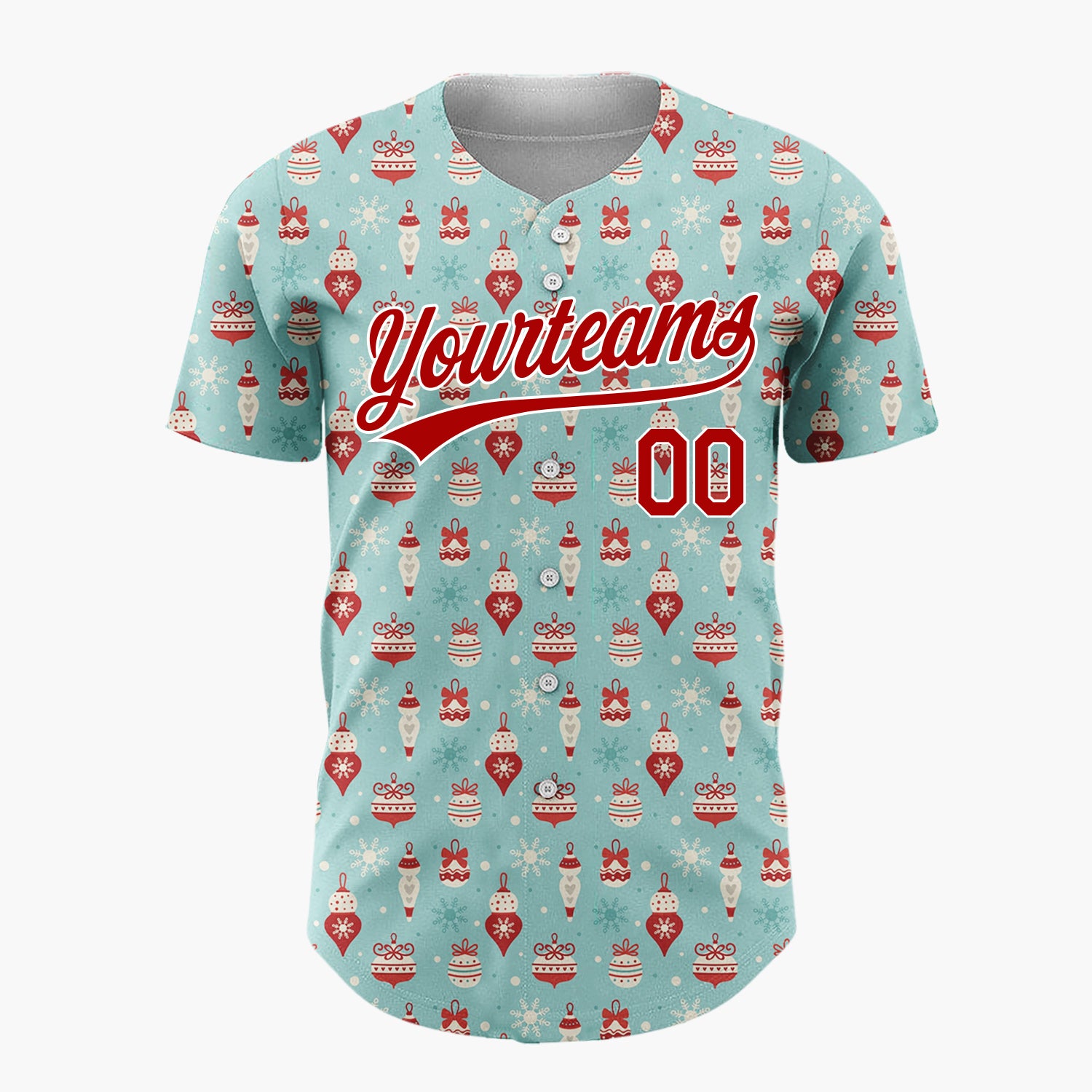 Custom Light Blue RedOrnaments And Snowflakes Vintage Winter Pattern Christmas Baseball Jersey