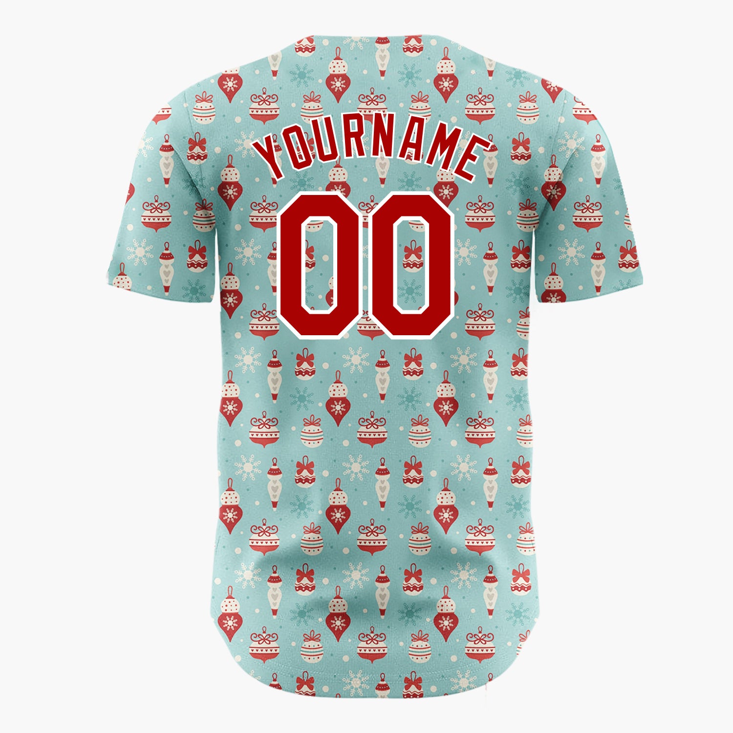 Custom Light Blue RedOrnaments And Snowflakes Vintage Winter Pattern Christmas Baseball Jersey