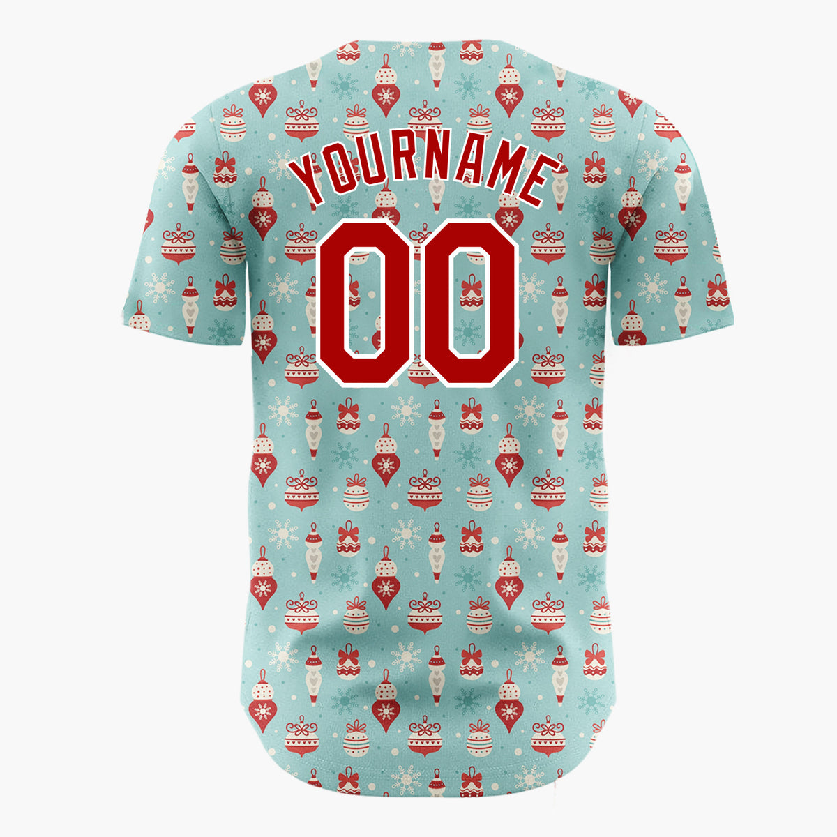 Custom Light Blue RedOrnaments And Snowflakes Vintage Winter Pattern Christmas Baseball Jersey