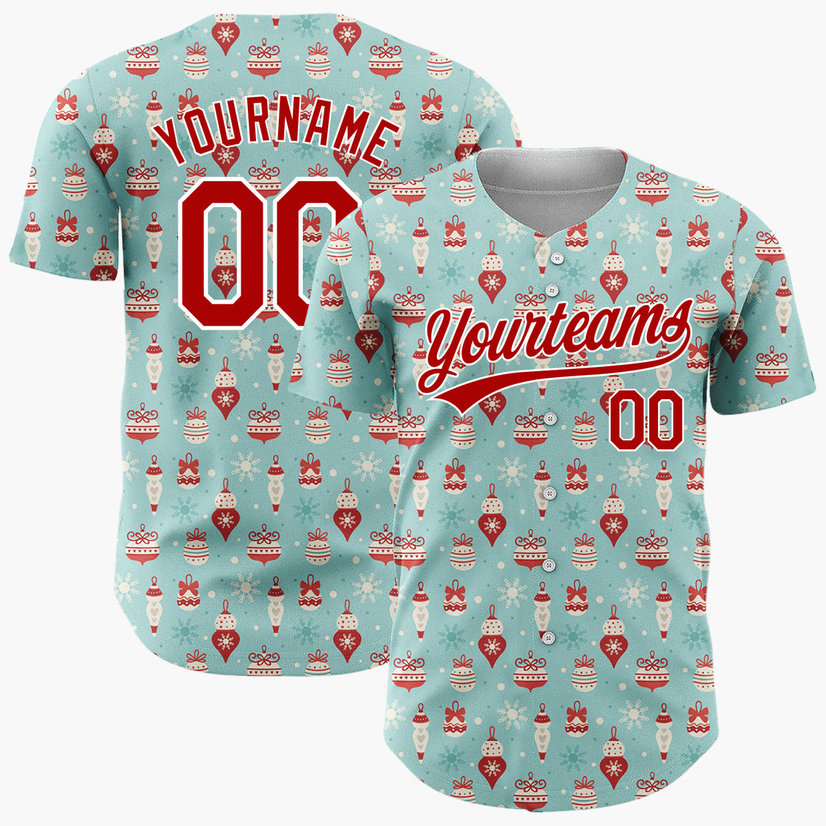 Custom Light Blue RedOrnaments And Snowflakes Vintage Winter Pattern Christmas Baseball Jersey