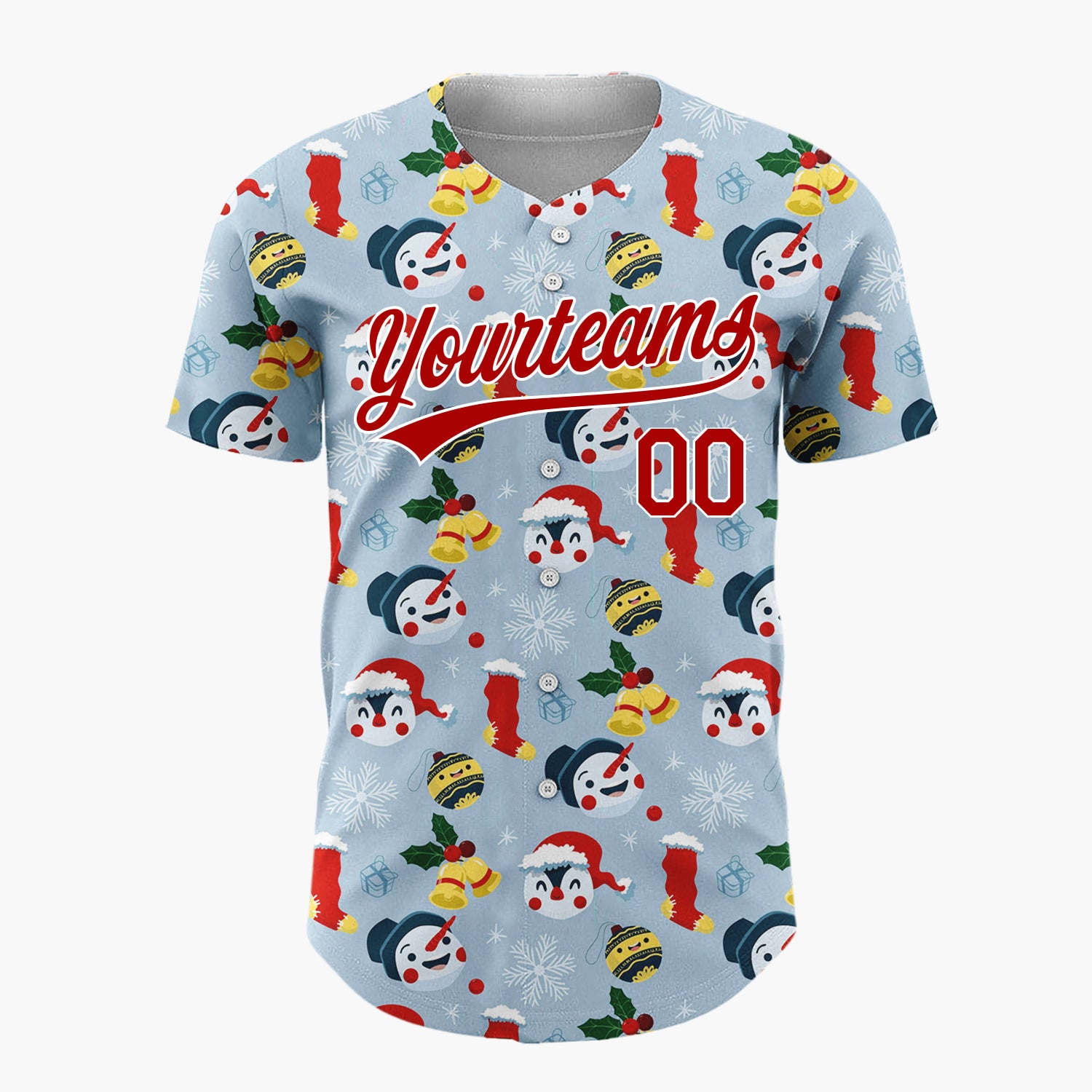 Custom Light Blue Red Yellow Snowmen Penguins And Stockings Cute Winter Pattern Christmas Baseball Jersey