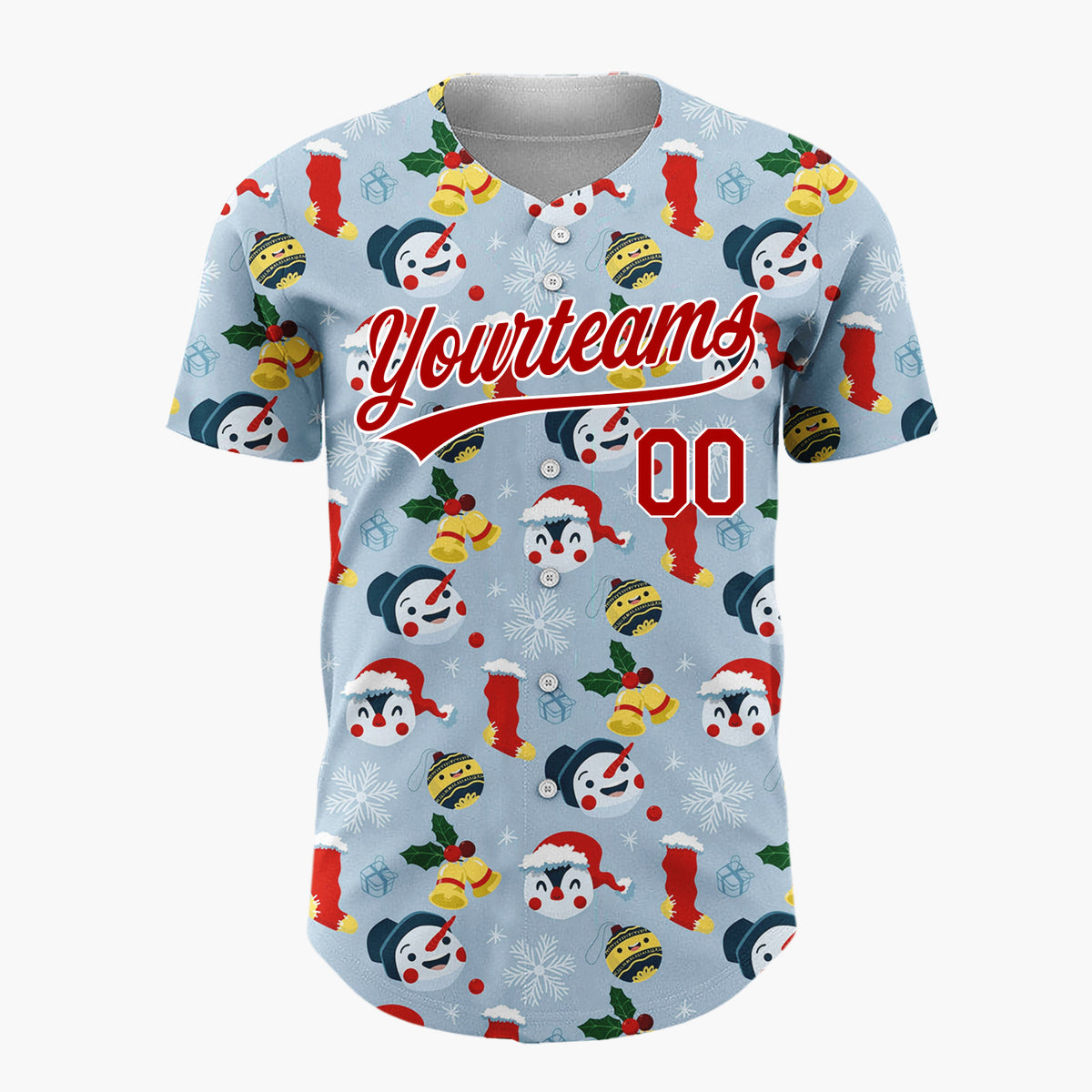 Custom Light Blue Red Yellow Snowmen Penguins And Stockings Cute Winter Pattern Christmas Baseball Jersey