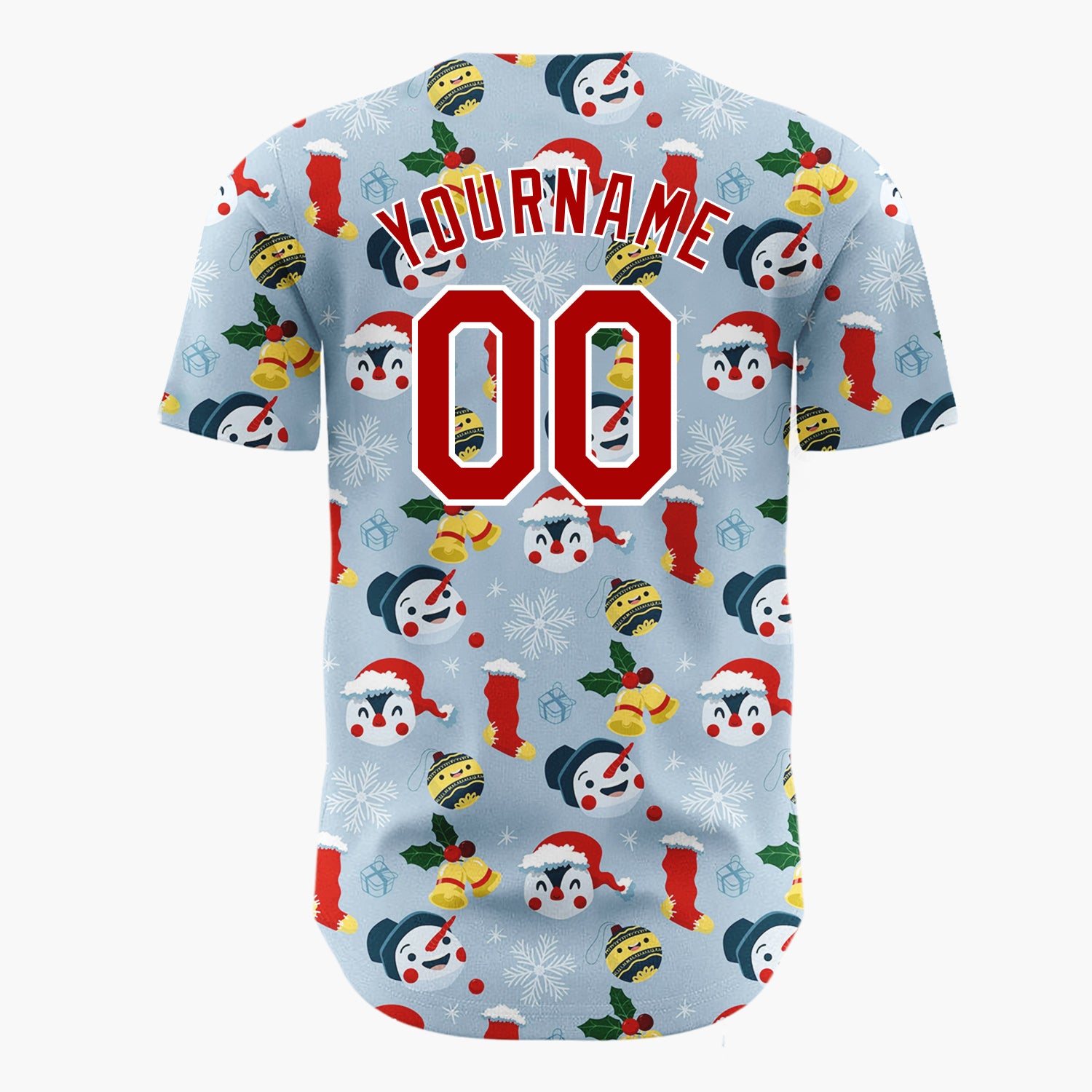Custom Light Blue Red Yellow Snowmen Penguins And Stockings Cute Winter Pattern Christmas Baseball Jersey