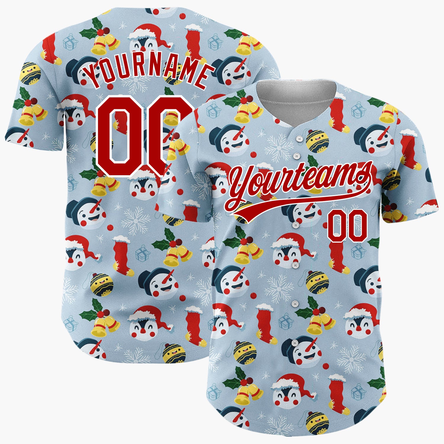 Custom Light Blue Red Yellow Snowmen Penguins And Stockings Cute Winter Pattern Christmas Baseball Jersey