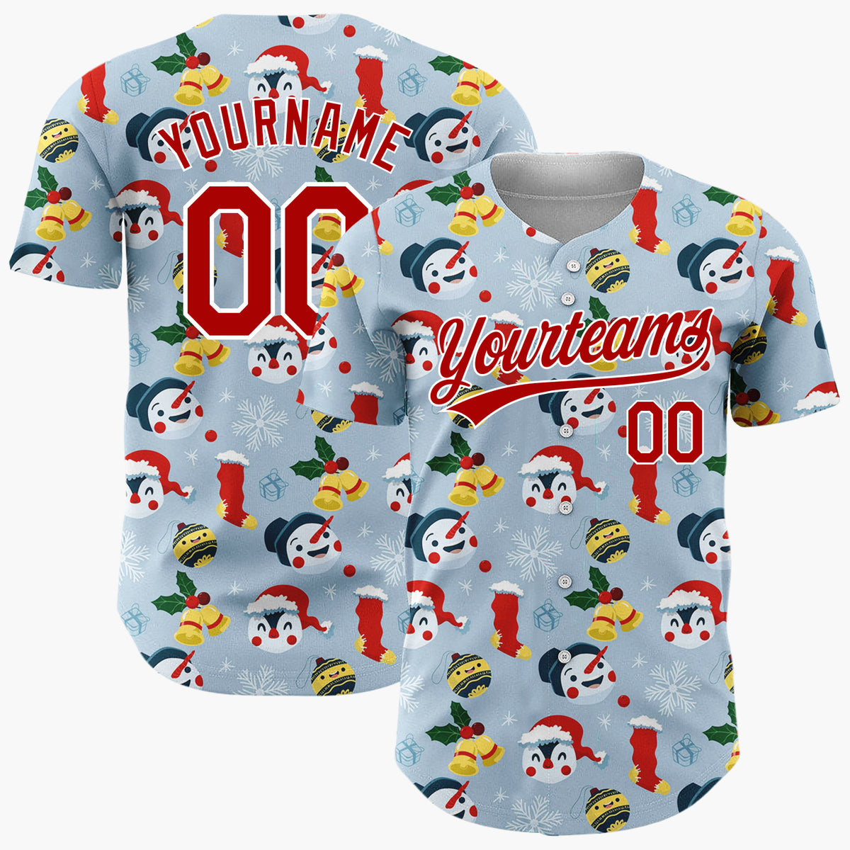 Custom Light Blue Red Yellow Snowmen Penguins And Stockings Cute Winter Pattern Christmas Baseball Jersey