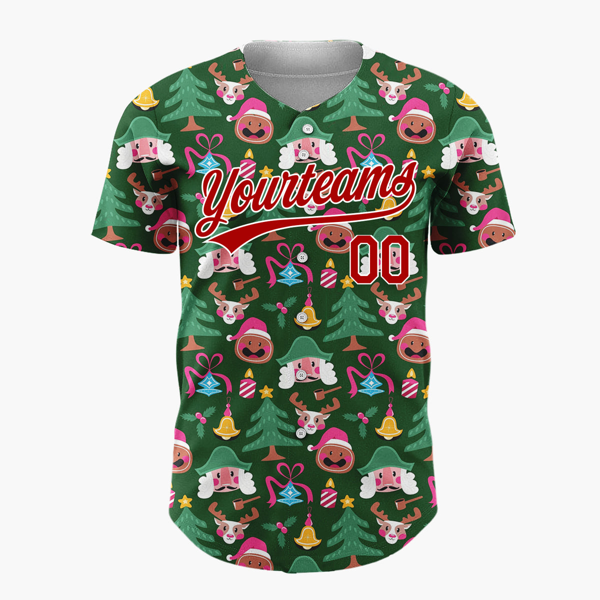Custom Green Red Nutcrackers Reindeer And Bells Classic Holiday Pattern Christmas Baseball Jersey