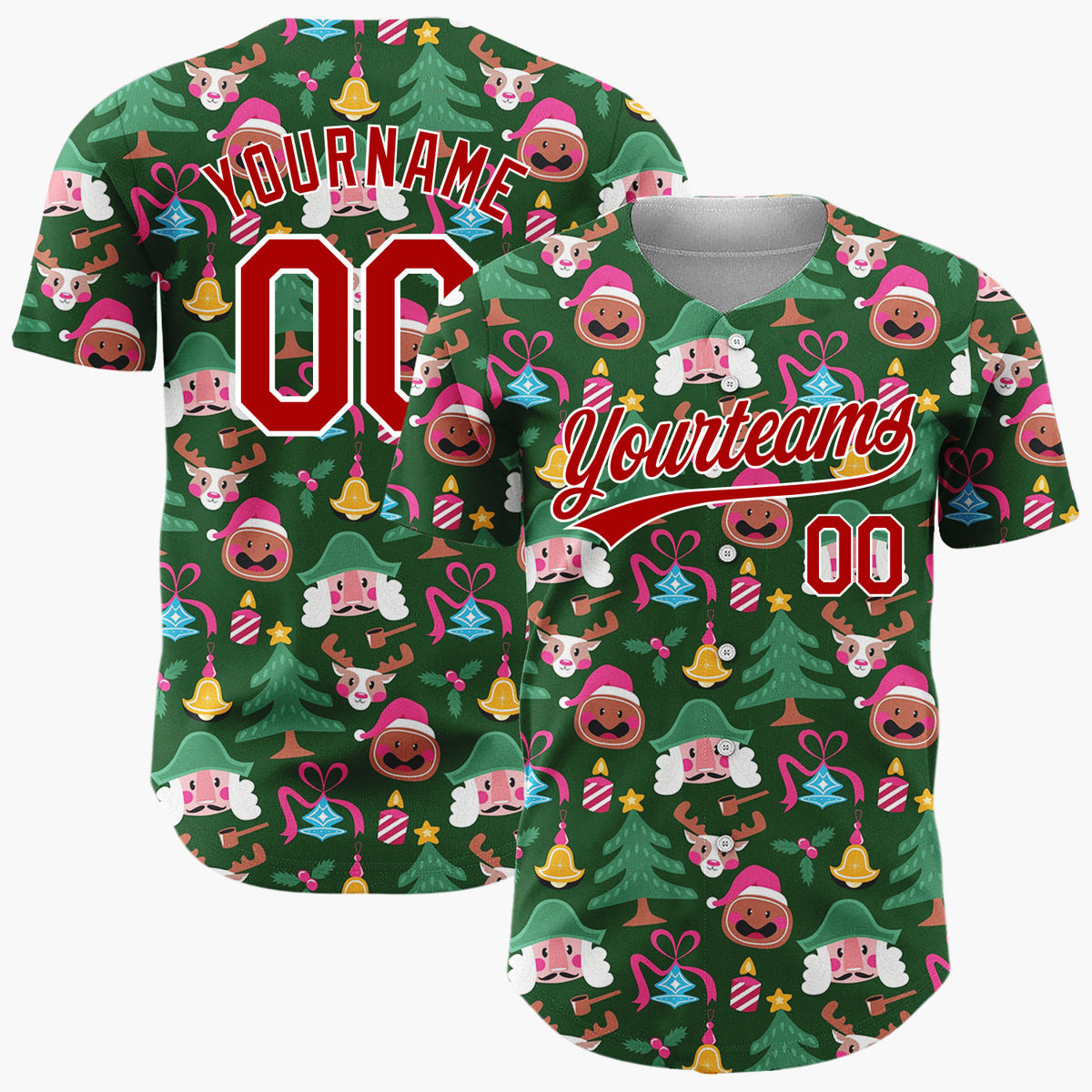 Custom Green Red Nutcrackers Reindeer And Bells Classic Holiday Pattern Christmas Baseball Jersey