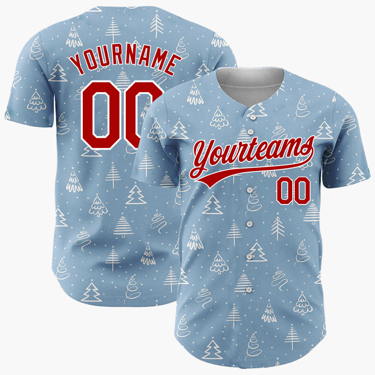 Custom Light Blue Christmas Trees Doodles Cartoon Pattern Christmas Baseball Jersey