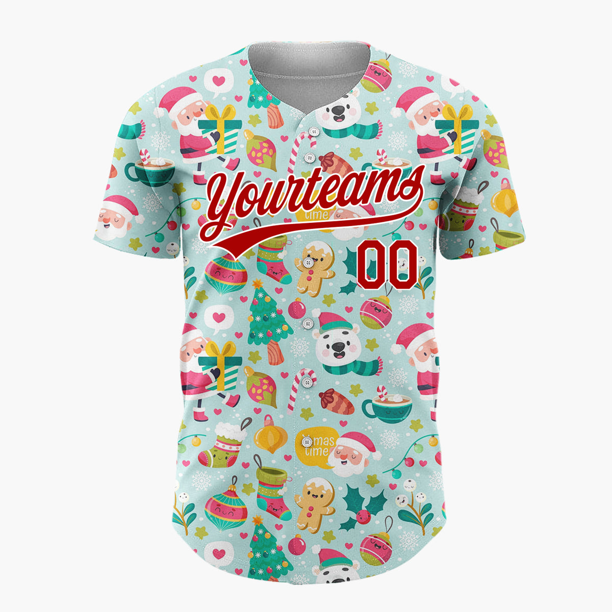 Custom Light Blue Red Green Santa Bears And Snowflakes Cute Whimsical Pattern Christmas Baseball Jersey