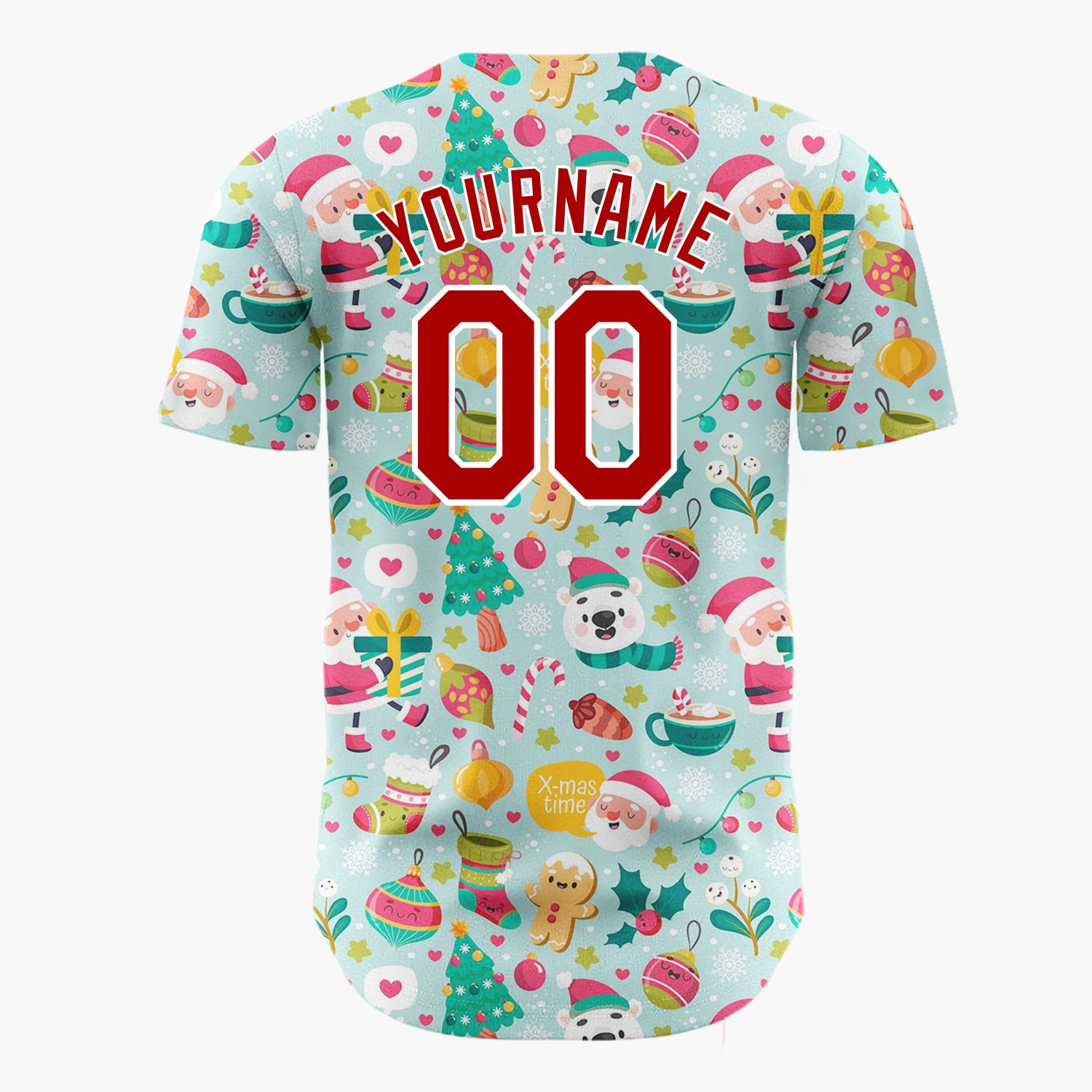 Custom Light Blue Red Green Santa Bears And Snowflakes Cute Whimsical Pattern Christmas Baseball Jersey