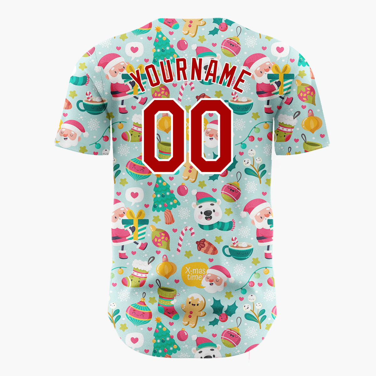 Custom Light Blue Red Green Santa Bears And Snowflakes Cute Whimsical Pattern Christmas Baseball Jersey