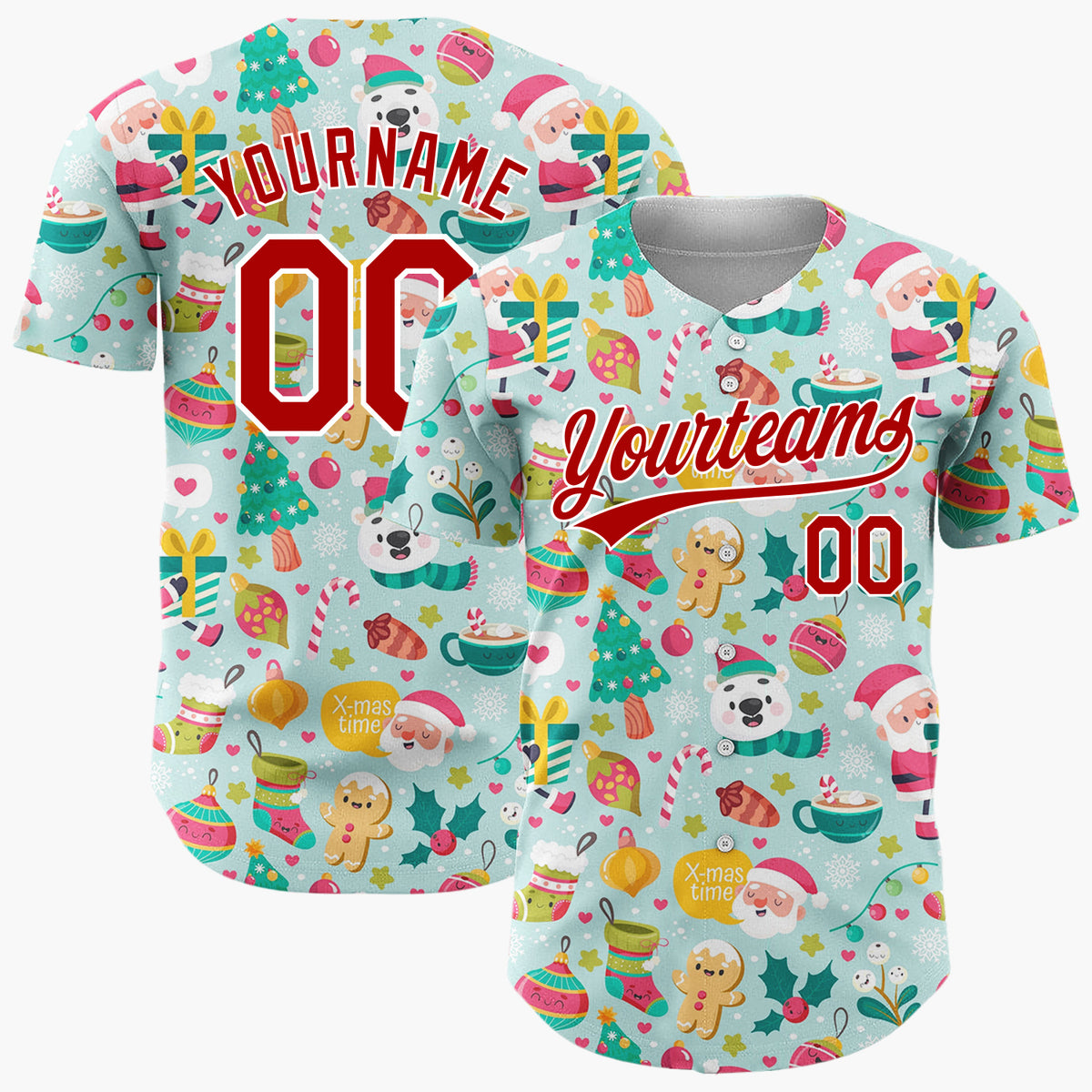 Custom Light Blue Red Green Santa Bears And Snowflakes Cute Whimsical Pattern Christmas Baseball Jersey