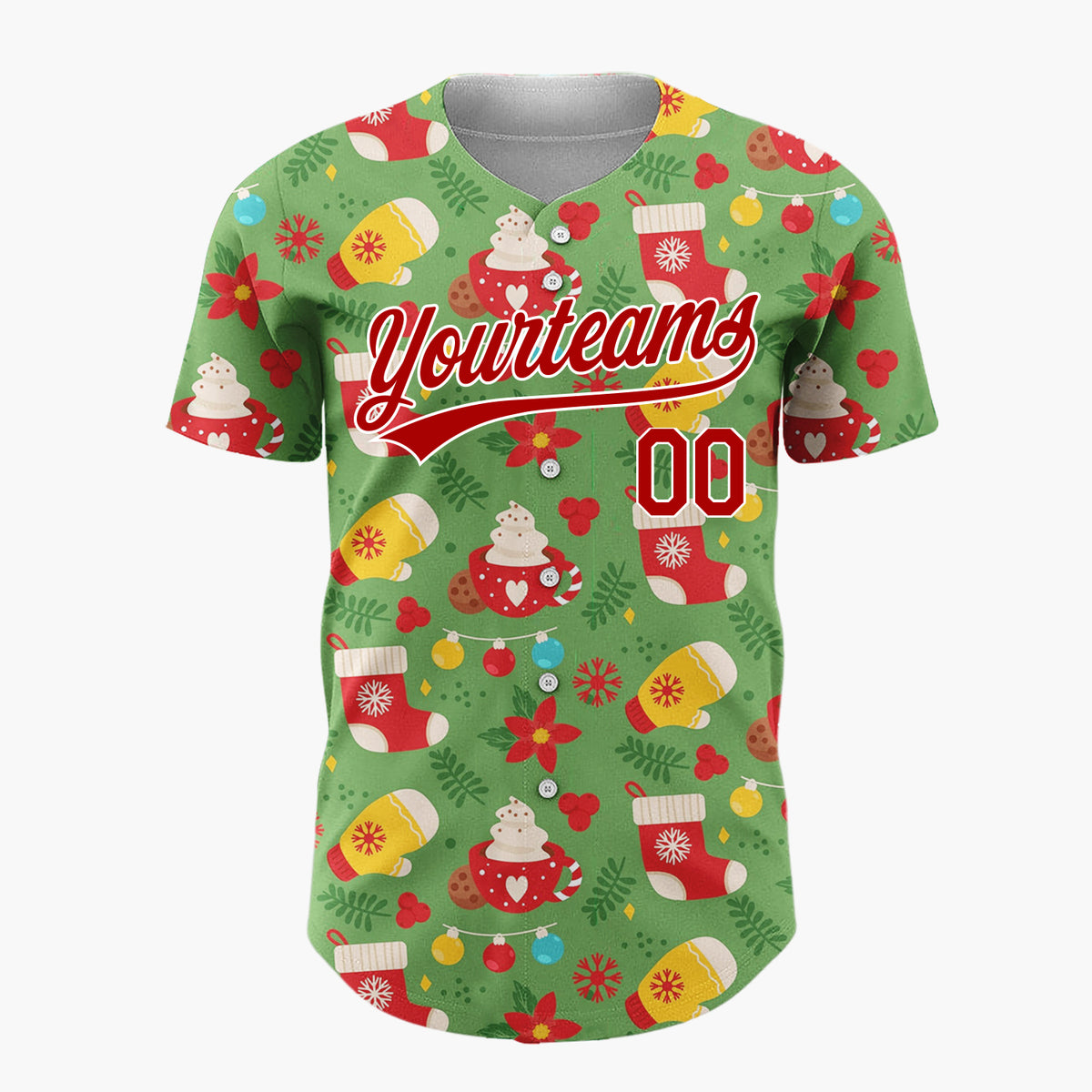 Custom Green Red Mitten Hot Chocolate Poinsettia Christmas Baseball Jersey