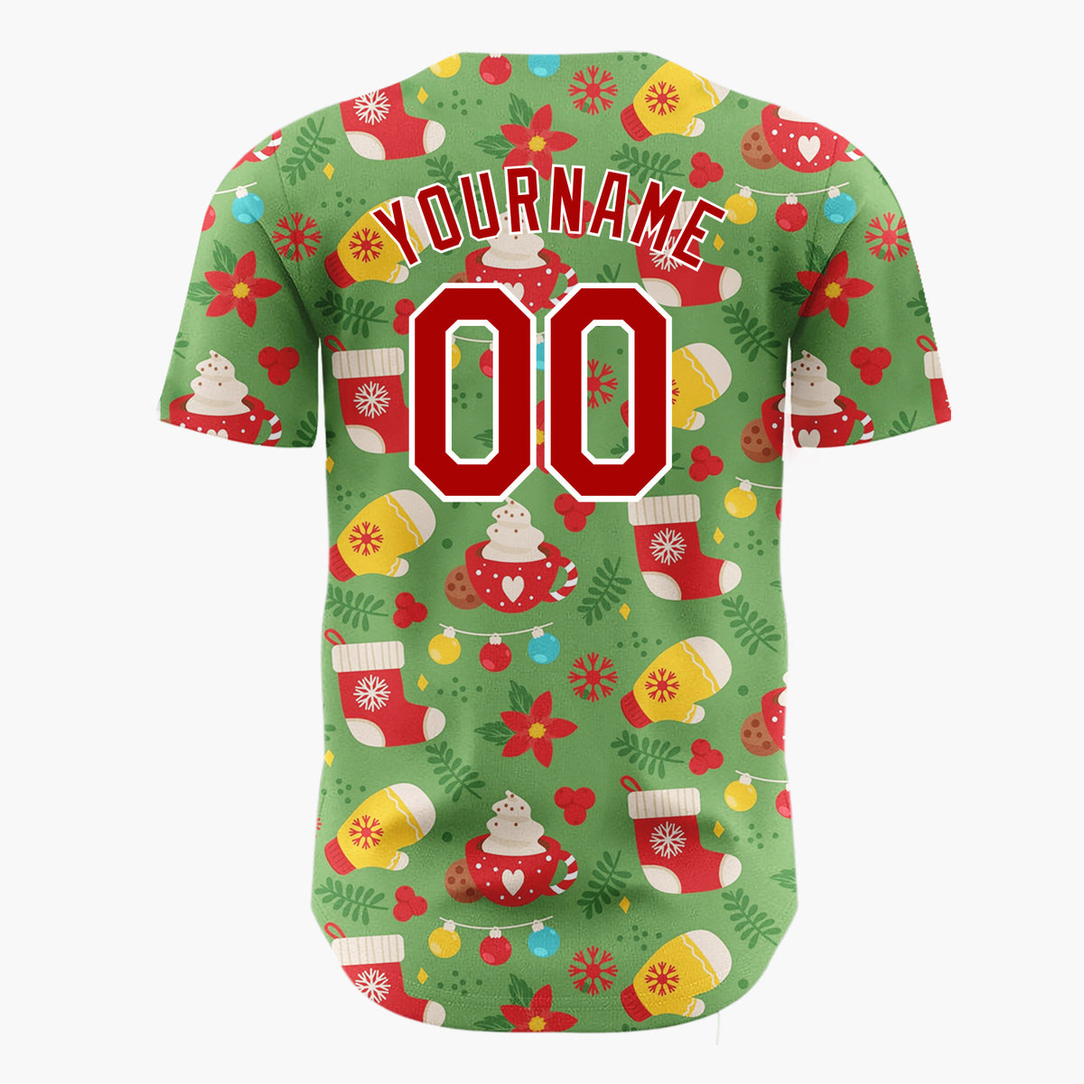 Custom Green Red Mitten Hot Chocolate Poinsettia Christmas Baseball Jersey