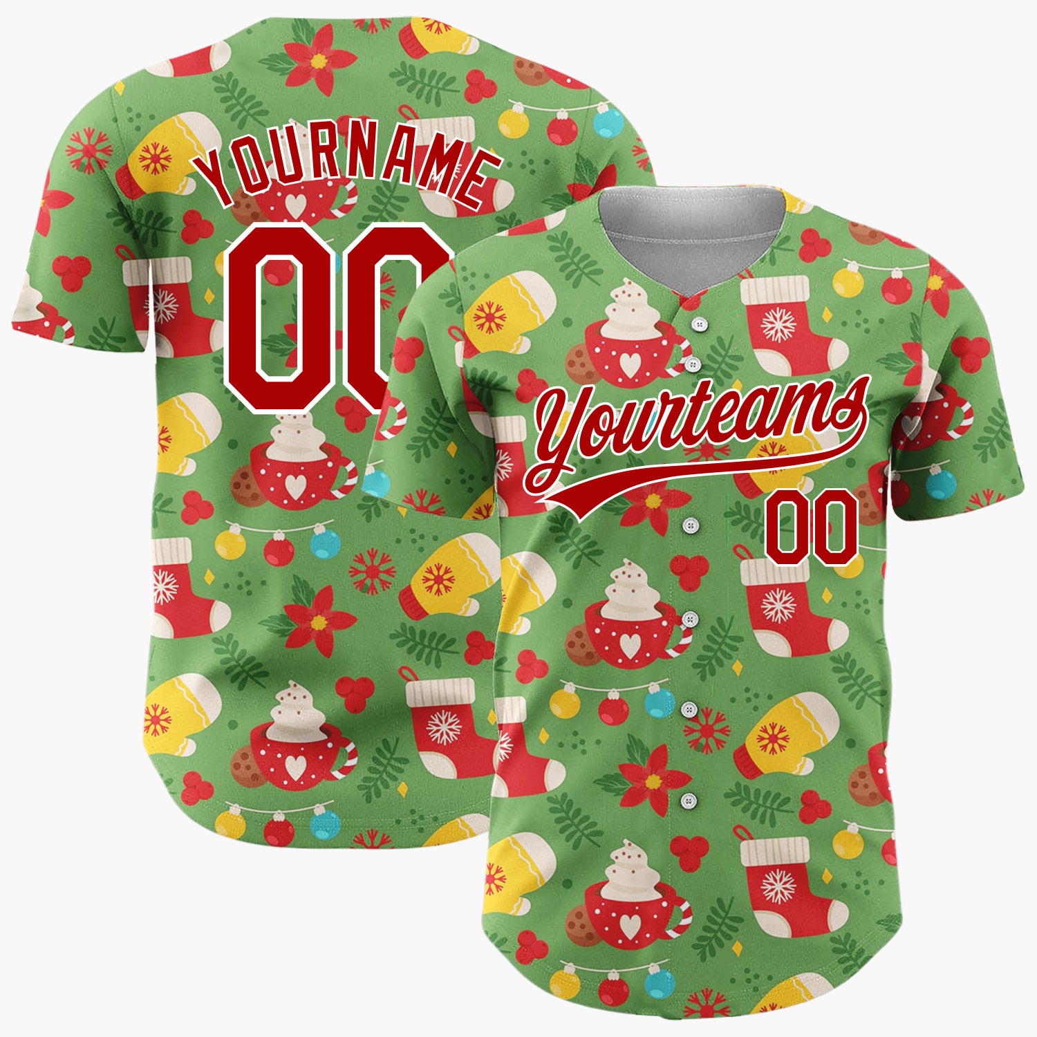 Custom Green Red Mitten Hot Chocolate Poinsettia Christmas Baseball Jersey