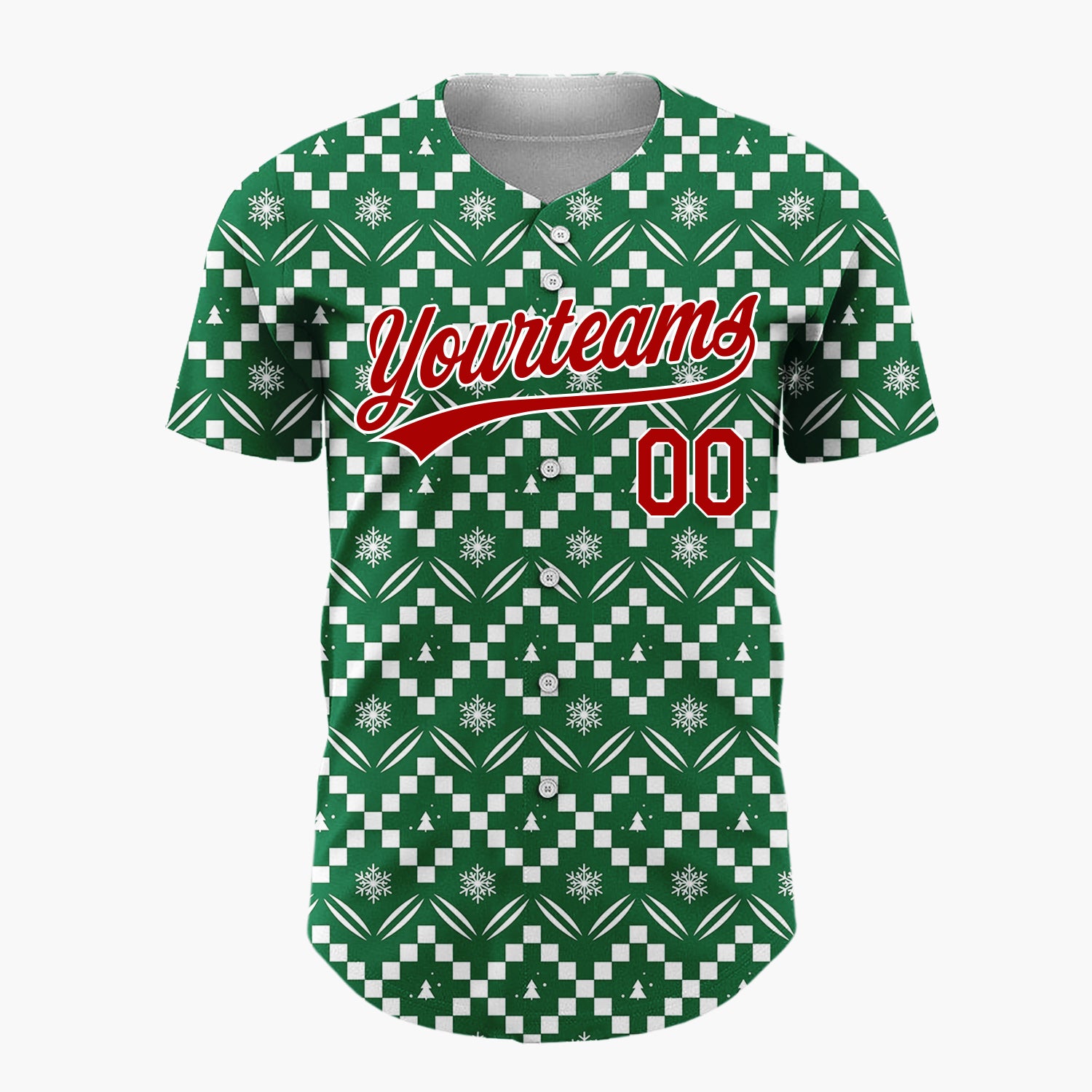 Custom Green White Zigzag Fair Isle Snowflake Pattern Christmas Baseball Jersey