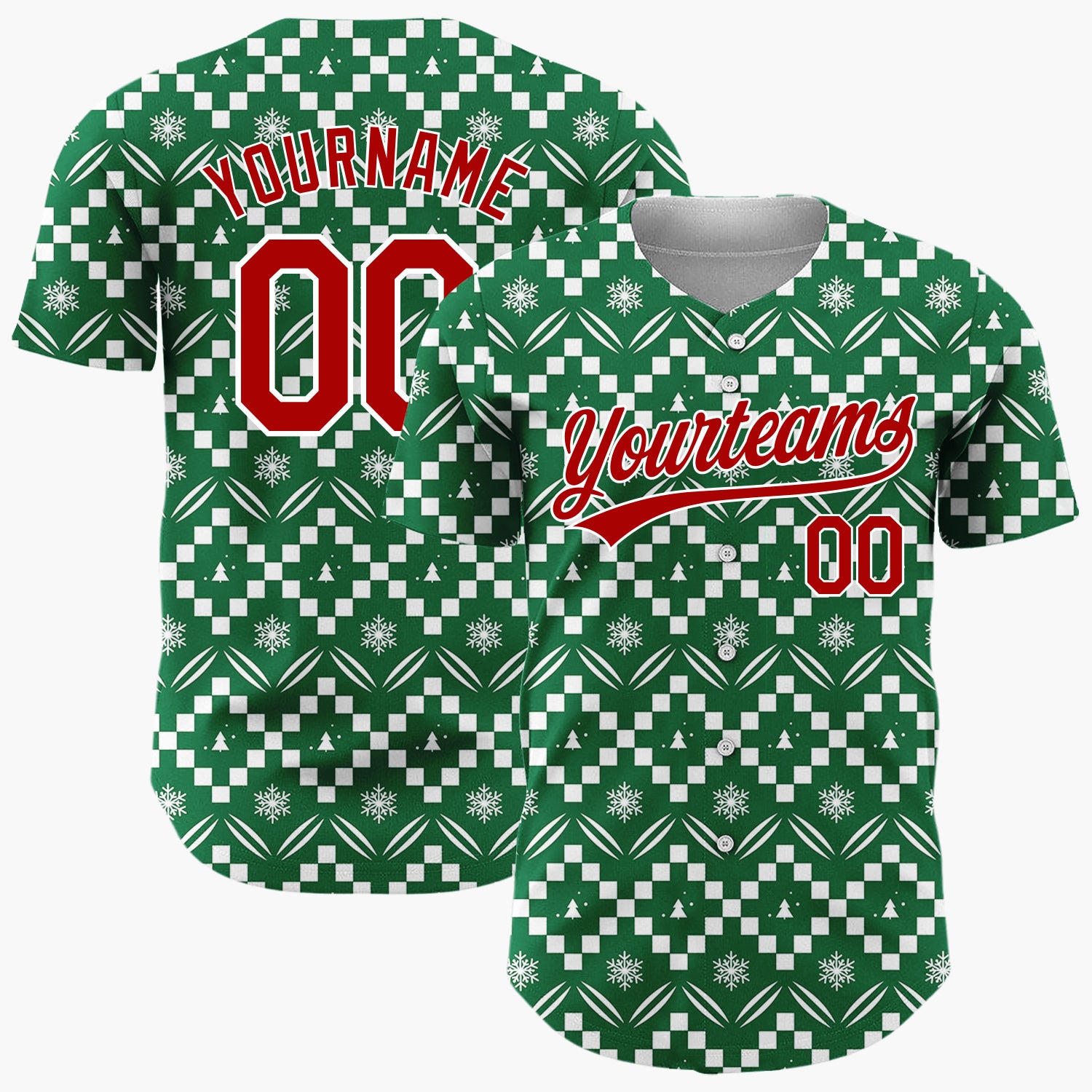 Custom Green White Zigzag Fair Isle Snowflake Pattern Christmas Baseball Jersey