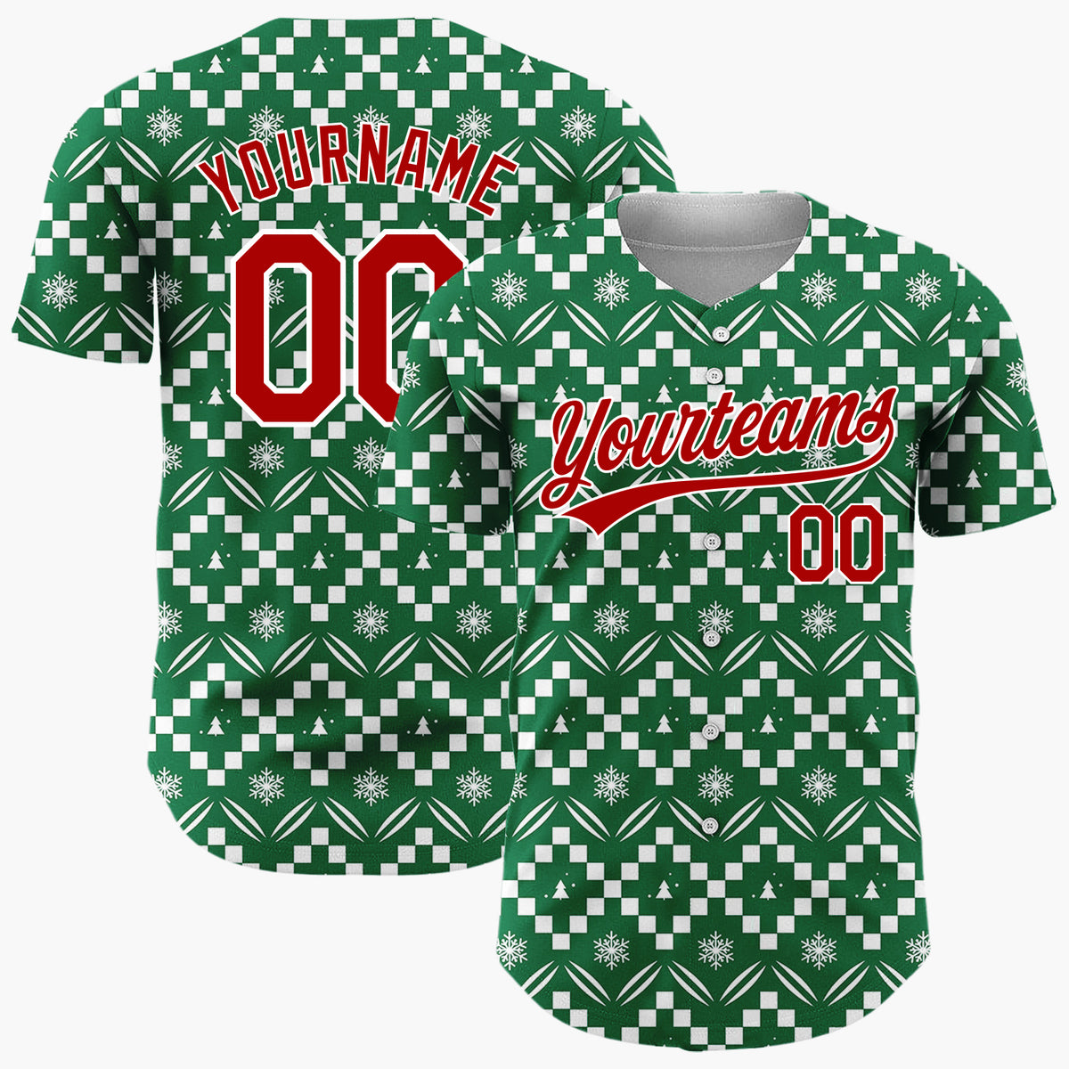 Custom Green White Zigzag Fair Isle Snowflake Pattern Christmas Baseball Jersey