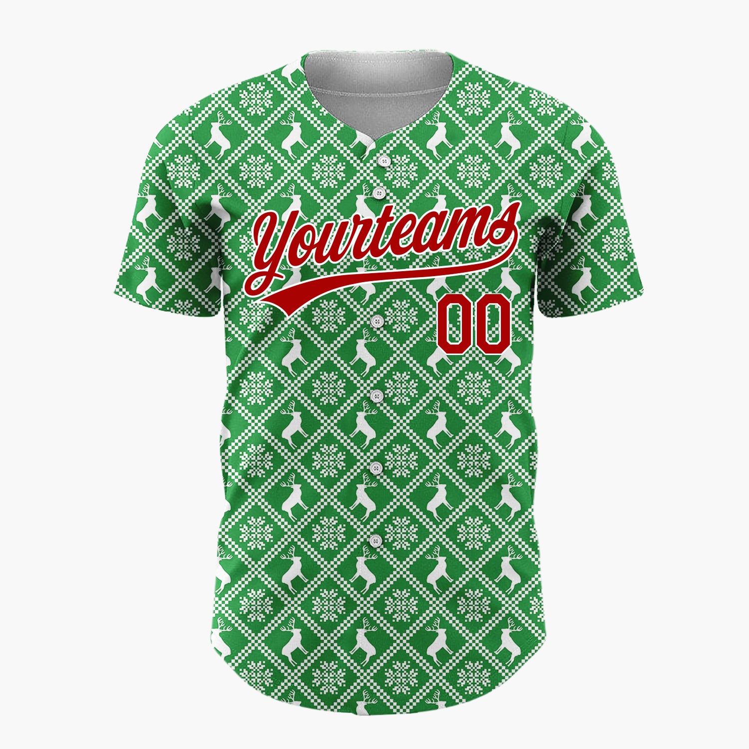 Custom Green Reindeer Geometric Square Nordic Fair Isle Pattern Christmas Baseball Jersey