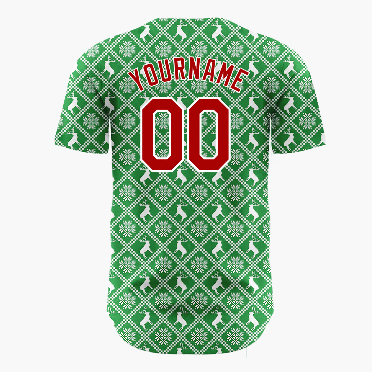 Custom Green Reindeer Geometric Square Nordic Fair Isle Pattern Christmas Baseball Jersey