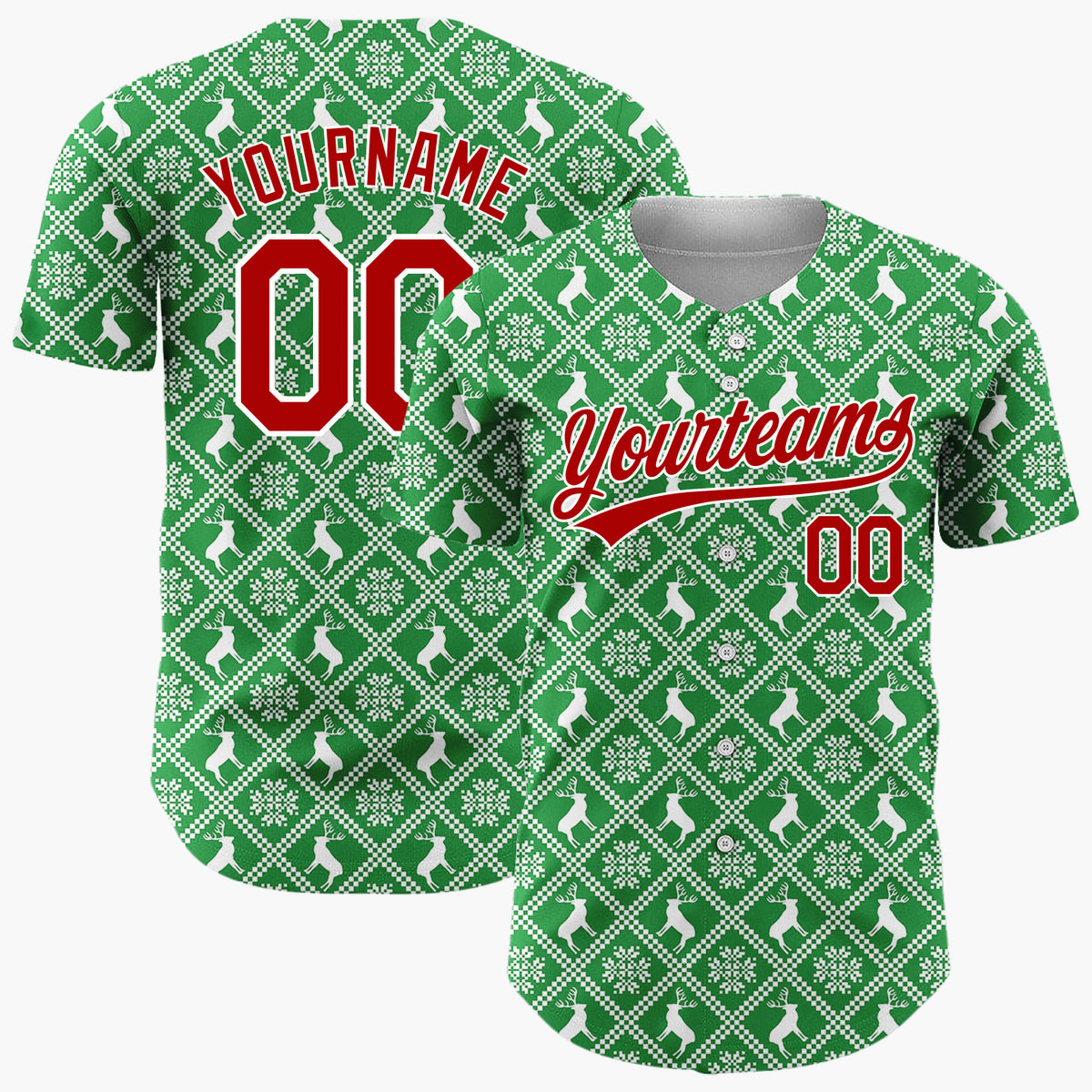 Custom Green Reindeer Geometric Square Nordic Fair Isle Pattern Christmas Baseball Jersey