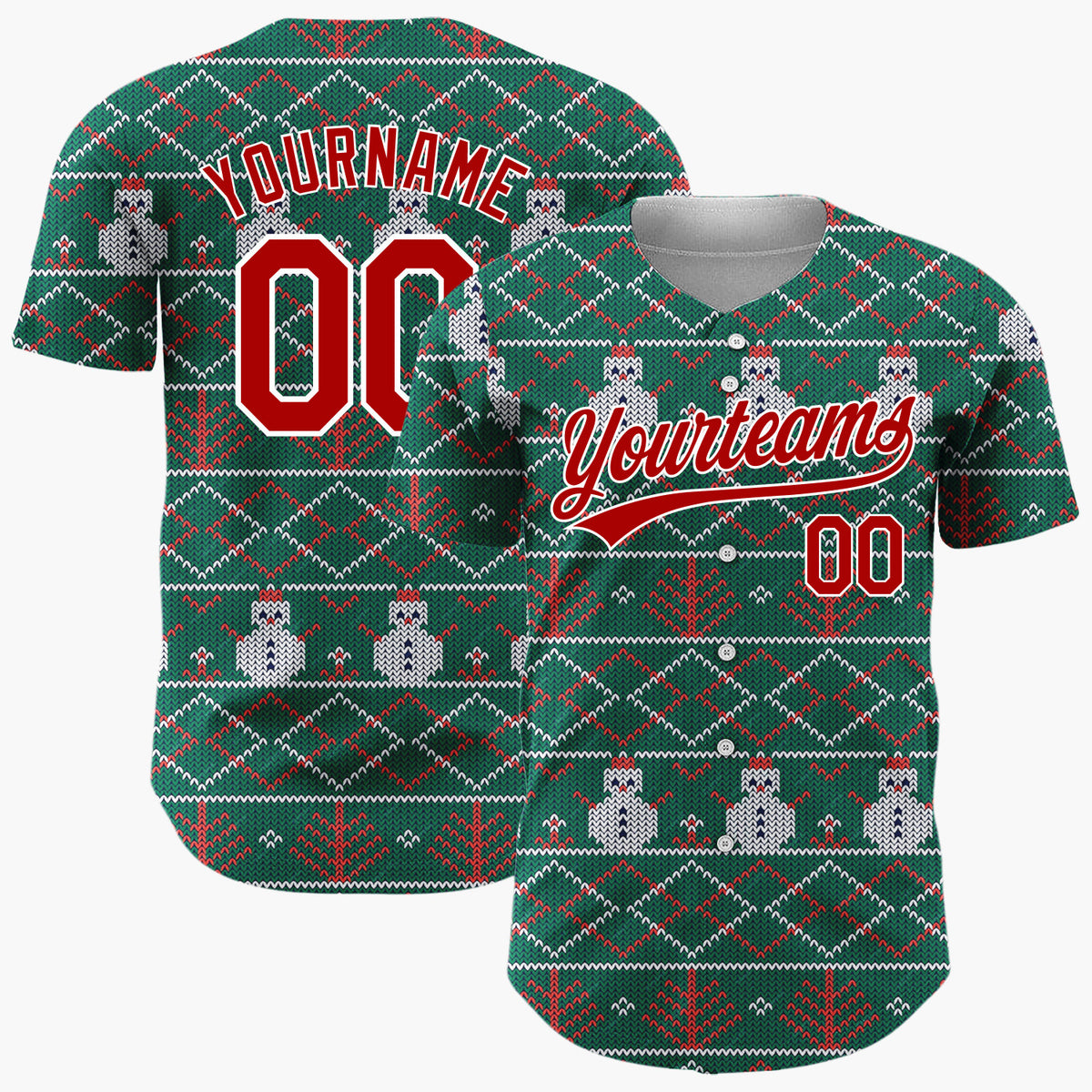 Custom Green Red Snowmen Trees And Diamonds Christmas Fair Isle Knit Pattern Christmas Baseball Jersey