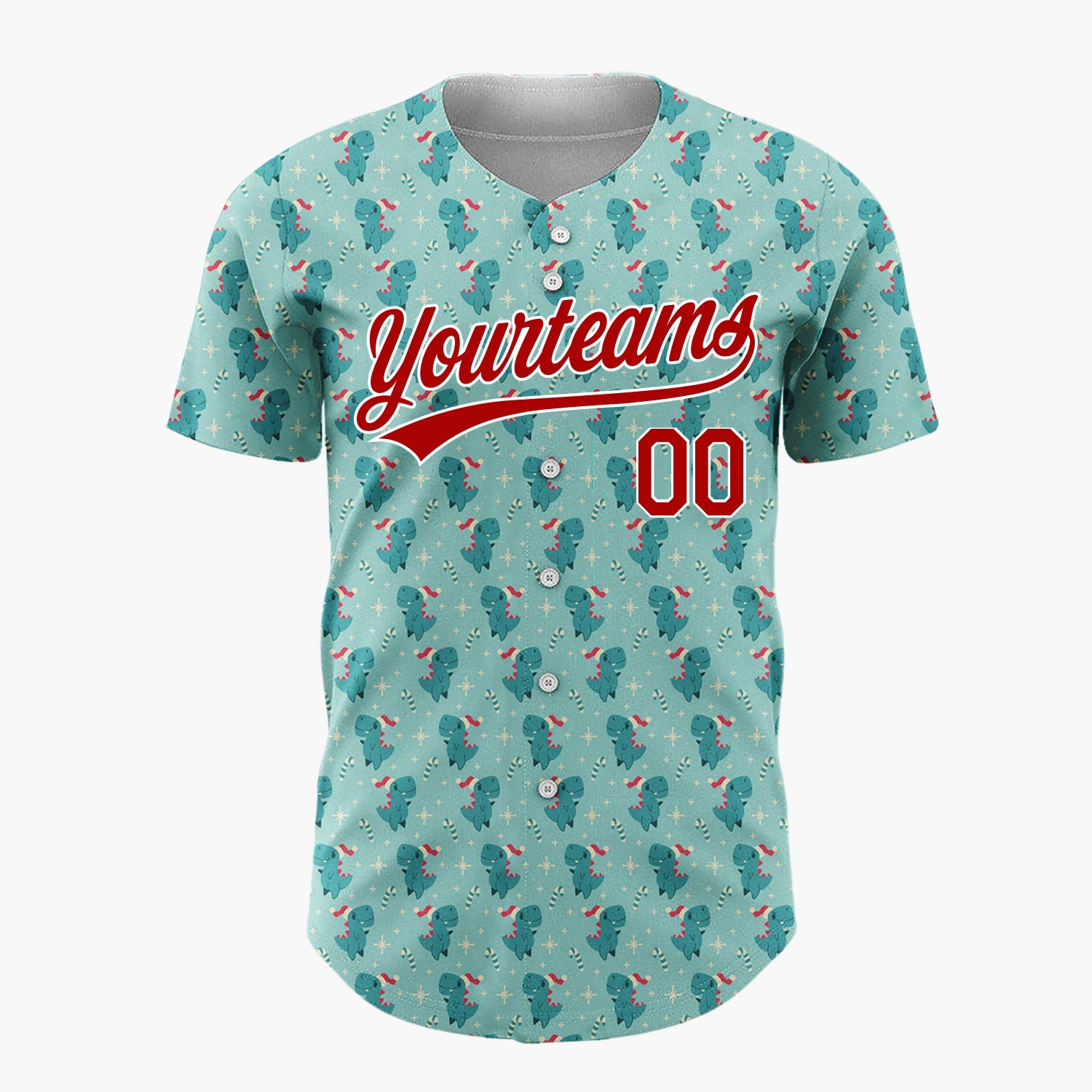 Custom Light Blue Green Lovely Dinosaur Candy Canes Cute Christmas Baseball Jersey
