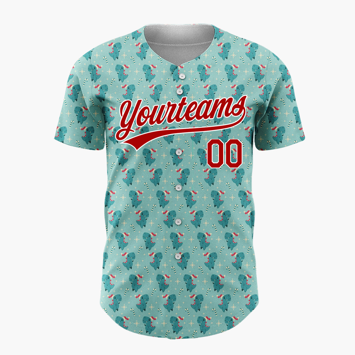 Custom Light Blue Green Lovely Dinosaur Candy Canes Cute Christmas Baseball Jersey