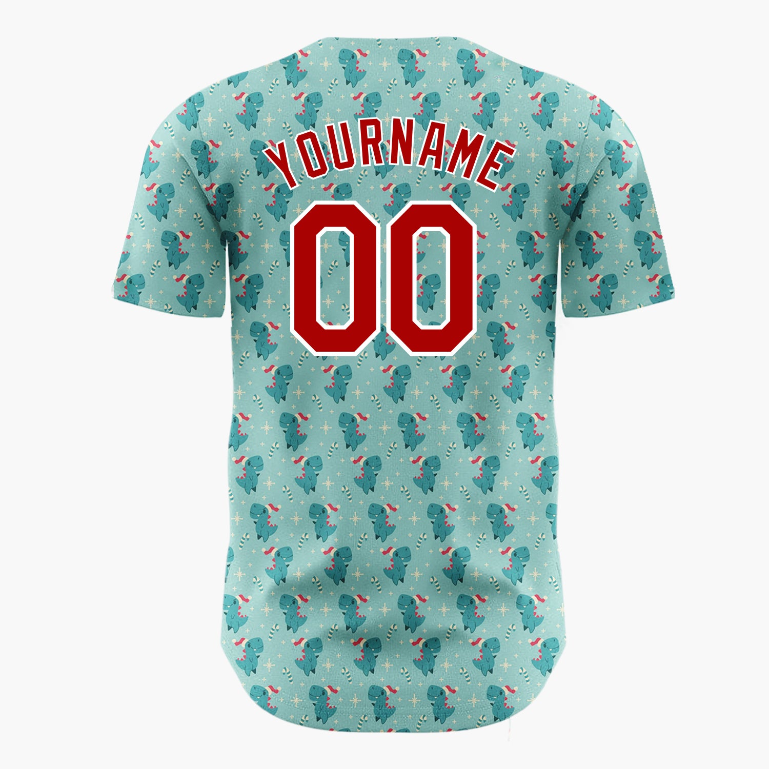 Custom Light Blue Green Lovely Dinosaur Candy Canes Cute Christmas Baseball Jersey