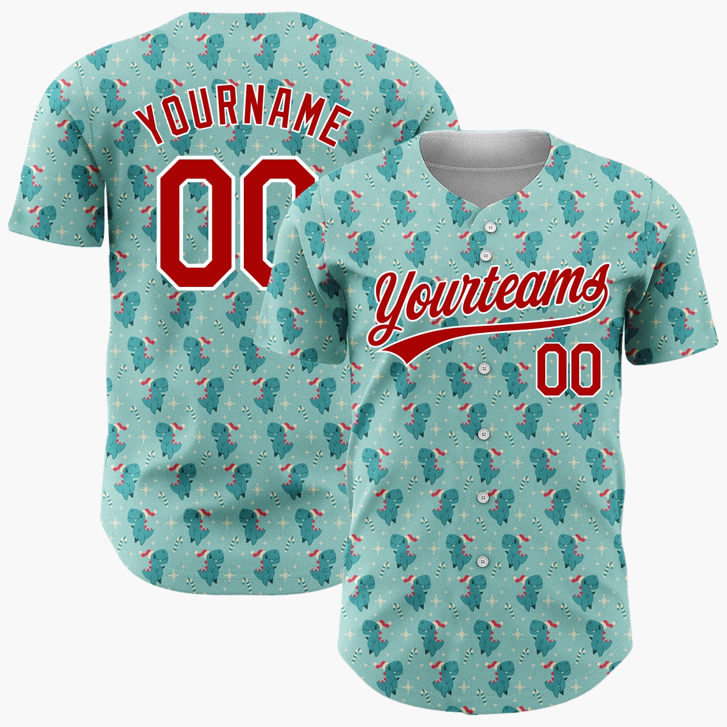 Custom Light Blue Green Lovely Dinosaur Candy Canes Cute Christmas Baseball Jersey