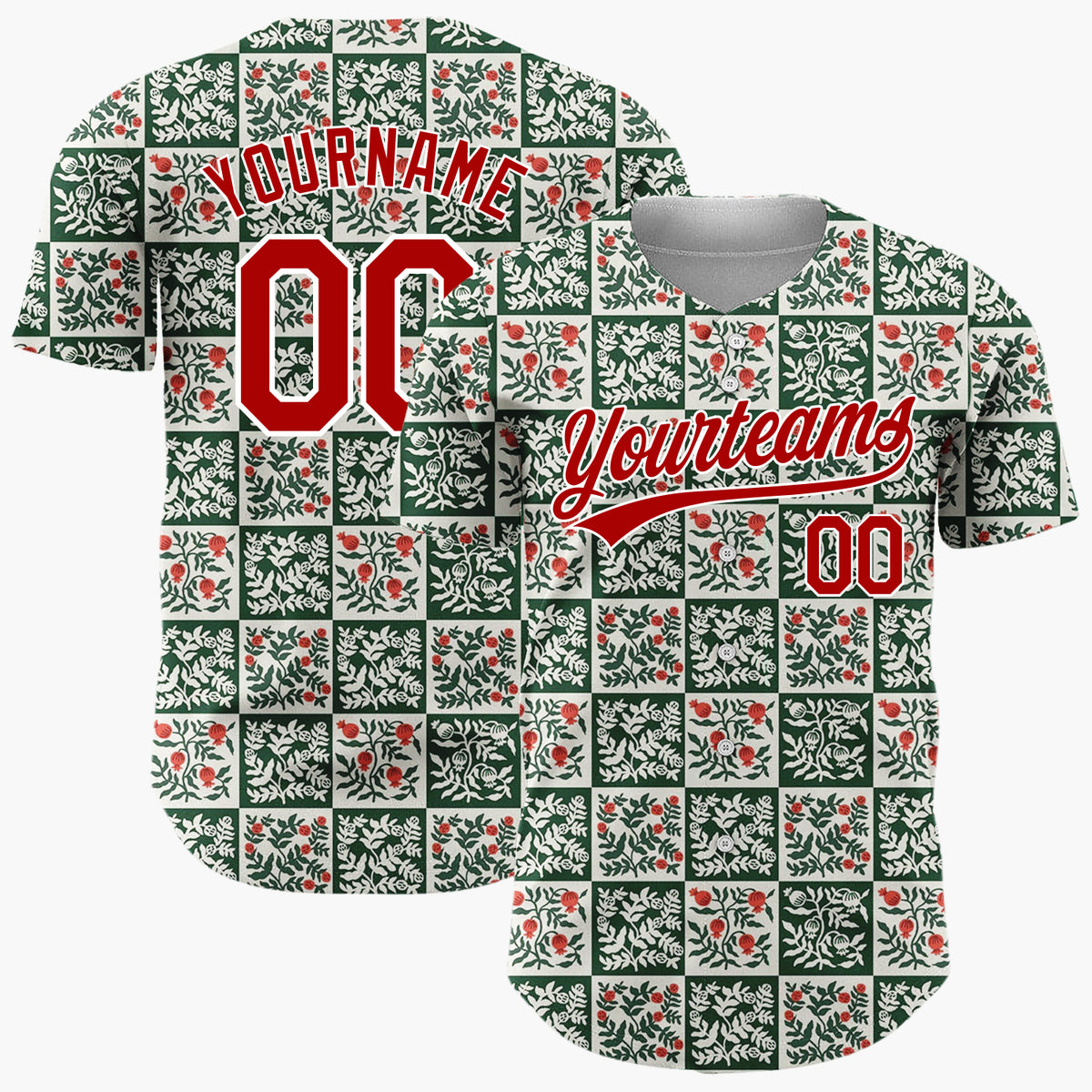Custom Green Vintage Botanical Christmas Checkerboard Layout Christmas Baseball Jersey