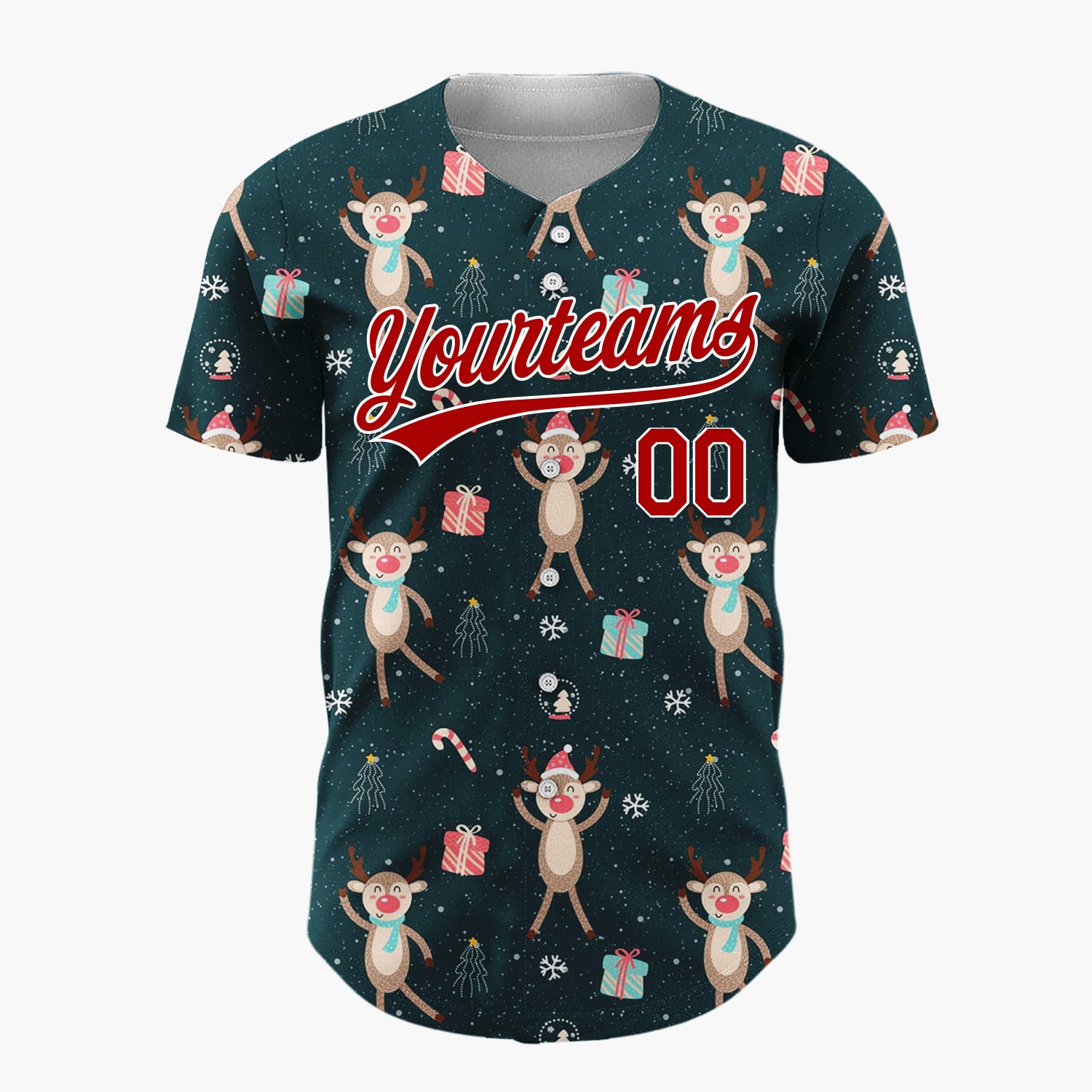 Custom Dark Teal Brown Red Cute Dancing Reindeer Christmas Baseball Jersey