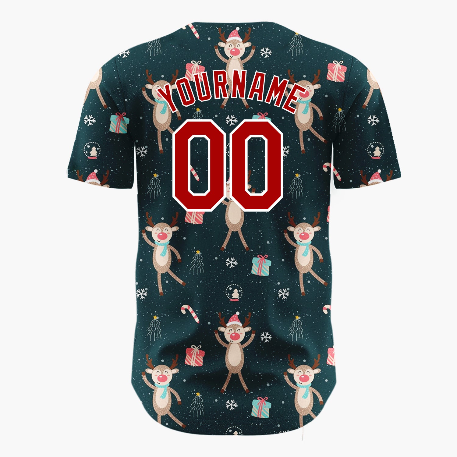 Custom Dark Teal Brown Red Cute Dancing Reindeer Christmas Baseball Jersey