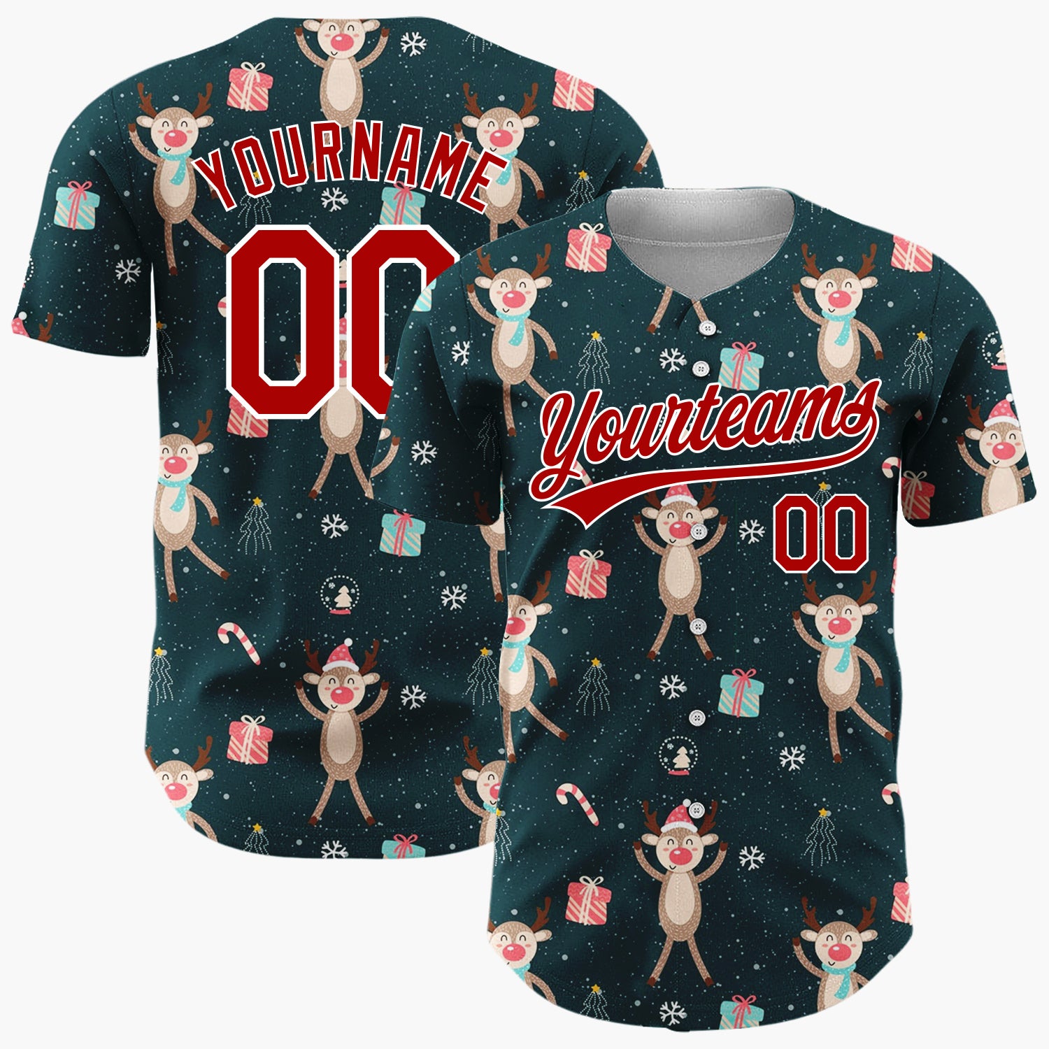 Custom Dark Teal Brown Red Cute Dancing Reindeer Christmas Baseball Jersey