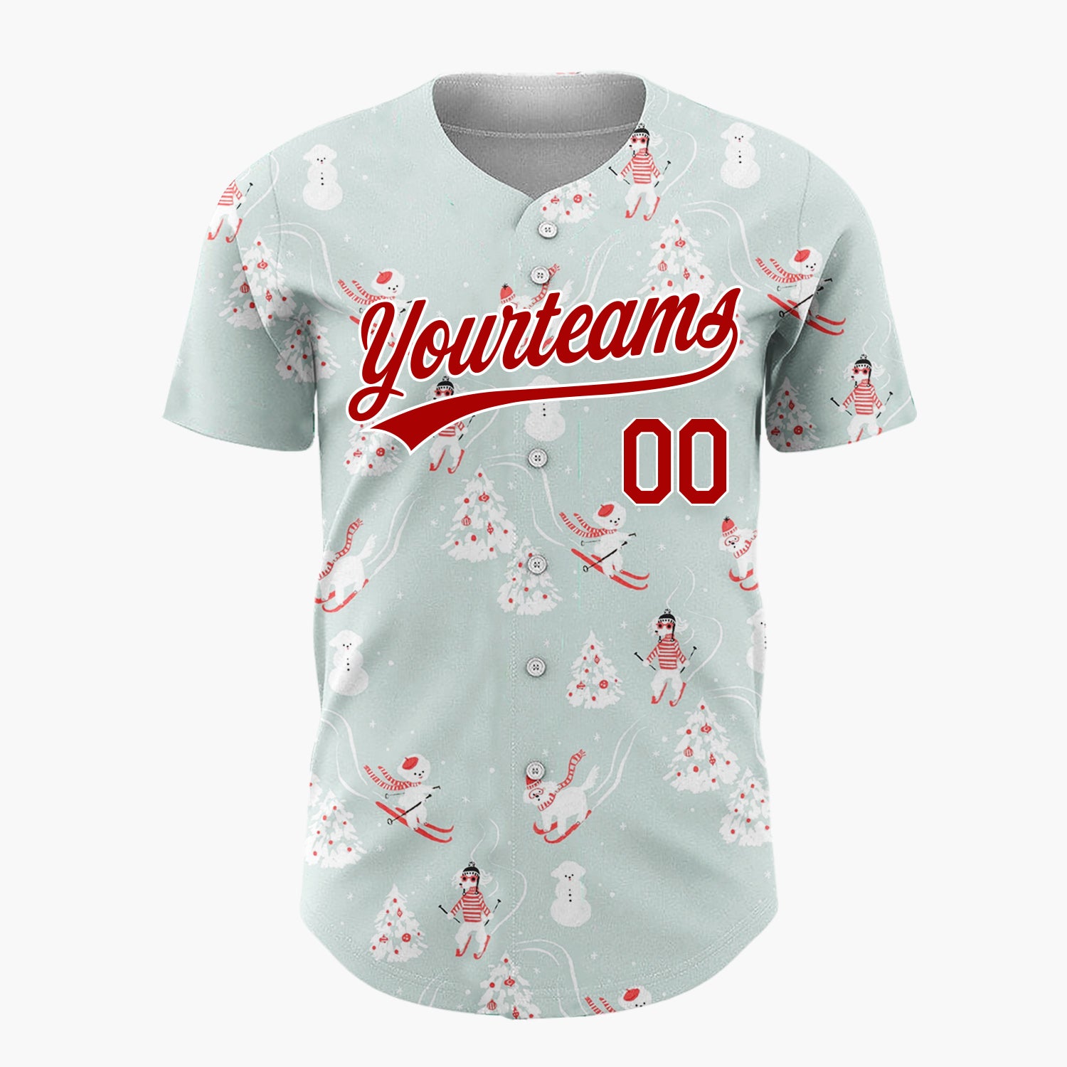 Custom Light Blue Skiing Polar Bears And People Cute Winter Scene Pattern Christmas Baseball Jersey