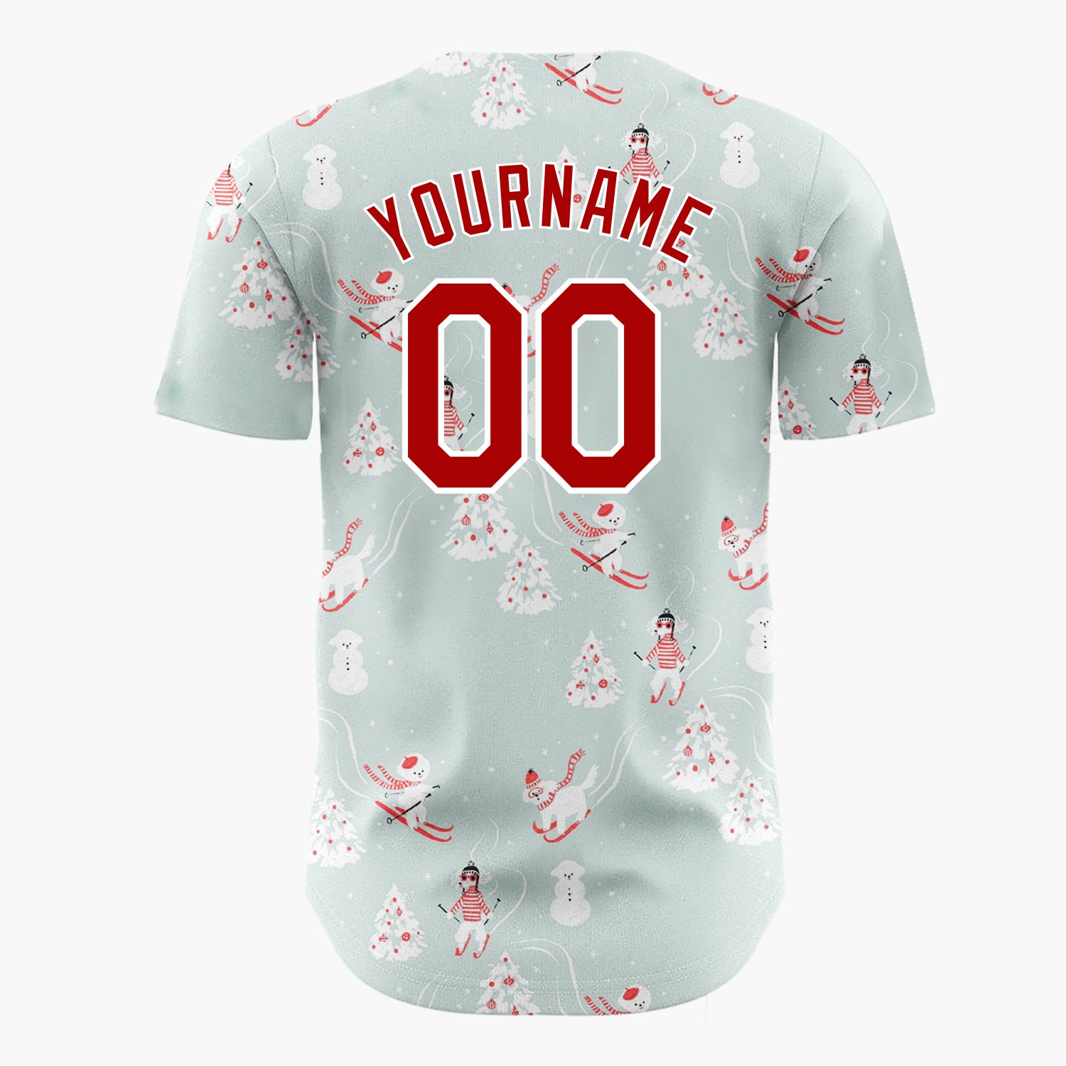 Custom Light Blue Skiing Polar Bears And People Cute Winter Scene Pattern Christmas Baseball Jersey